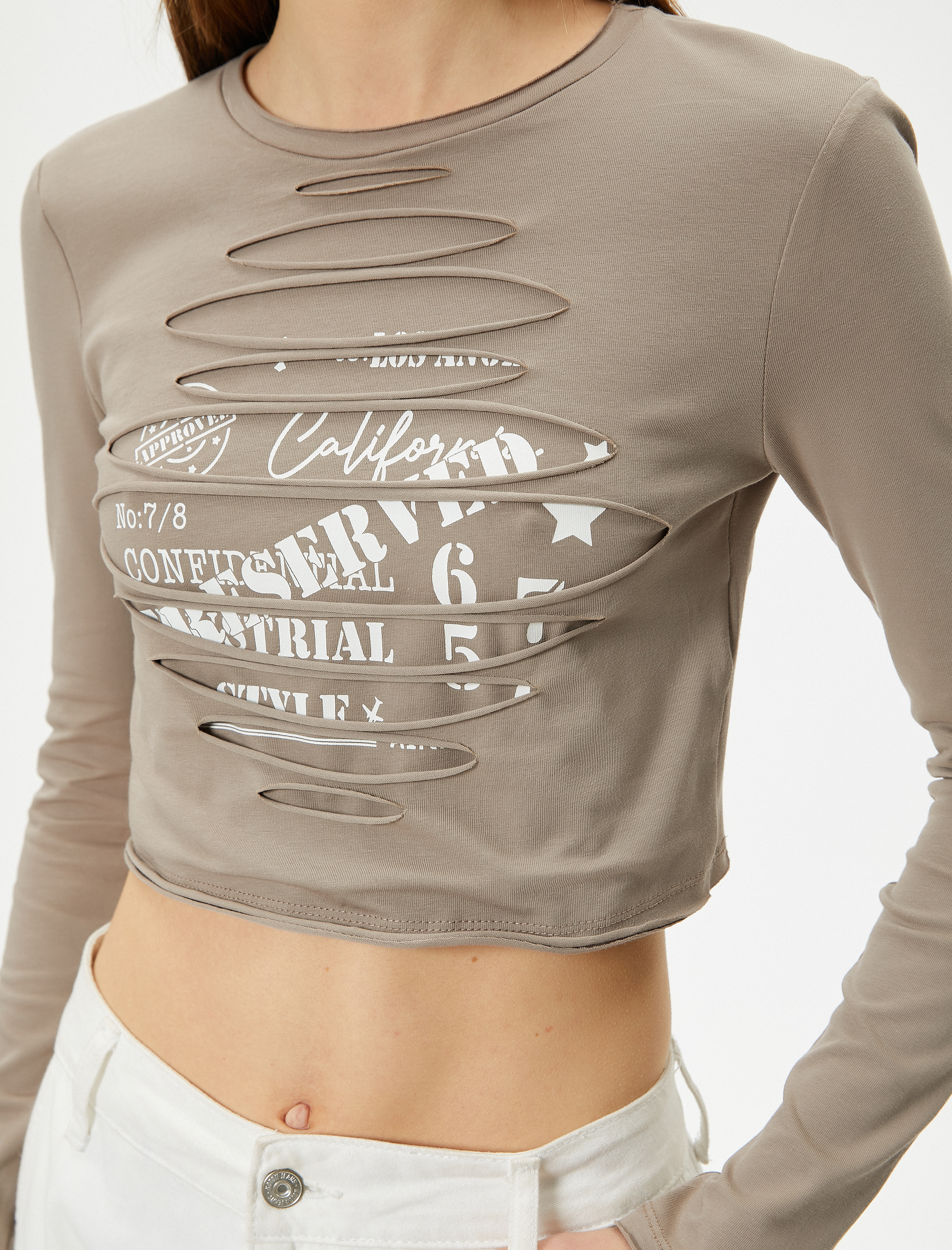   Crop Uzun Kollu Tişört Bisiklet Yaka Slim Fit Pamuklu