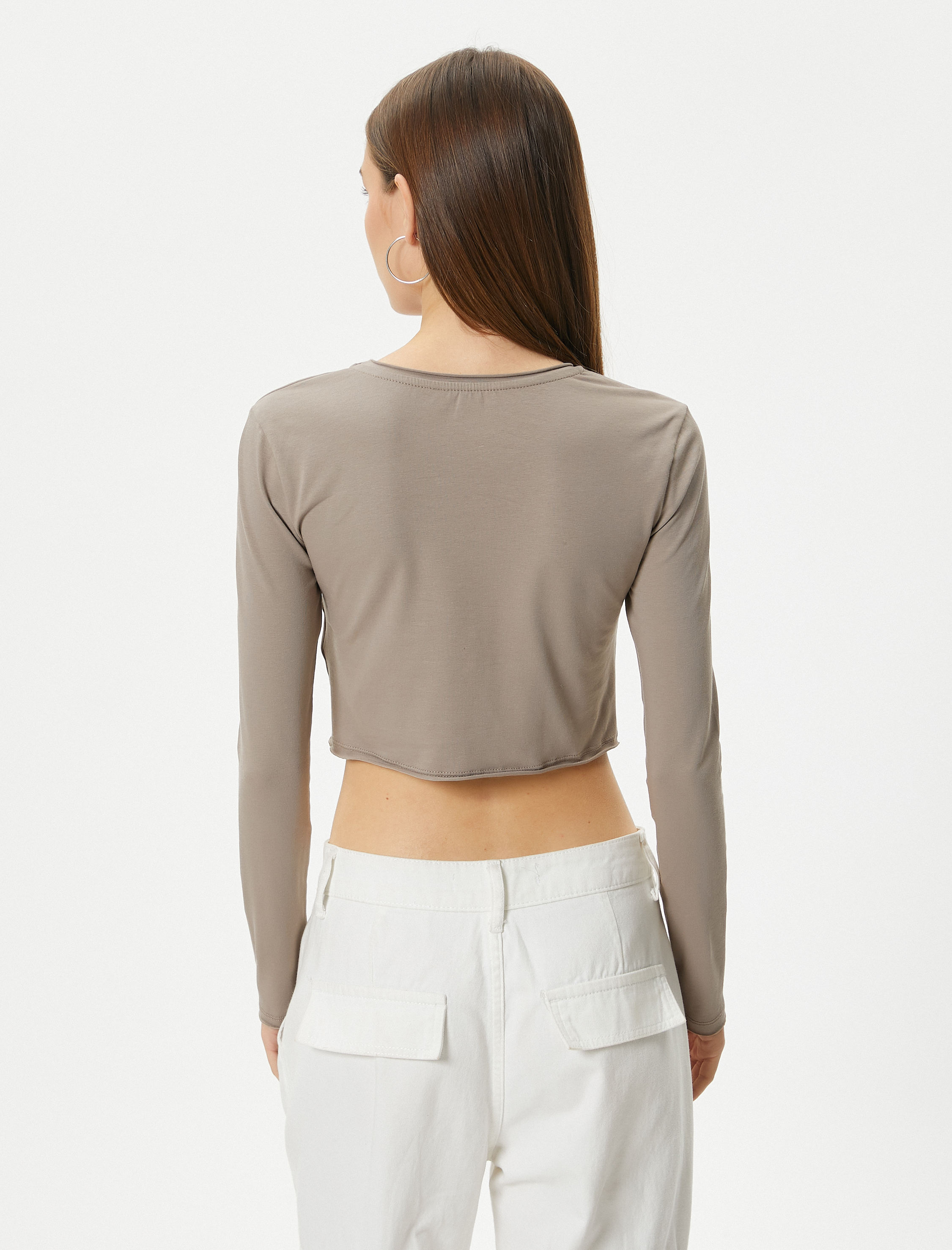   Crop Uzun Kollu Tişört Bisiklet Yaka Slim Fit Pamuklu