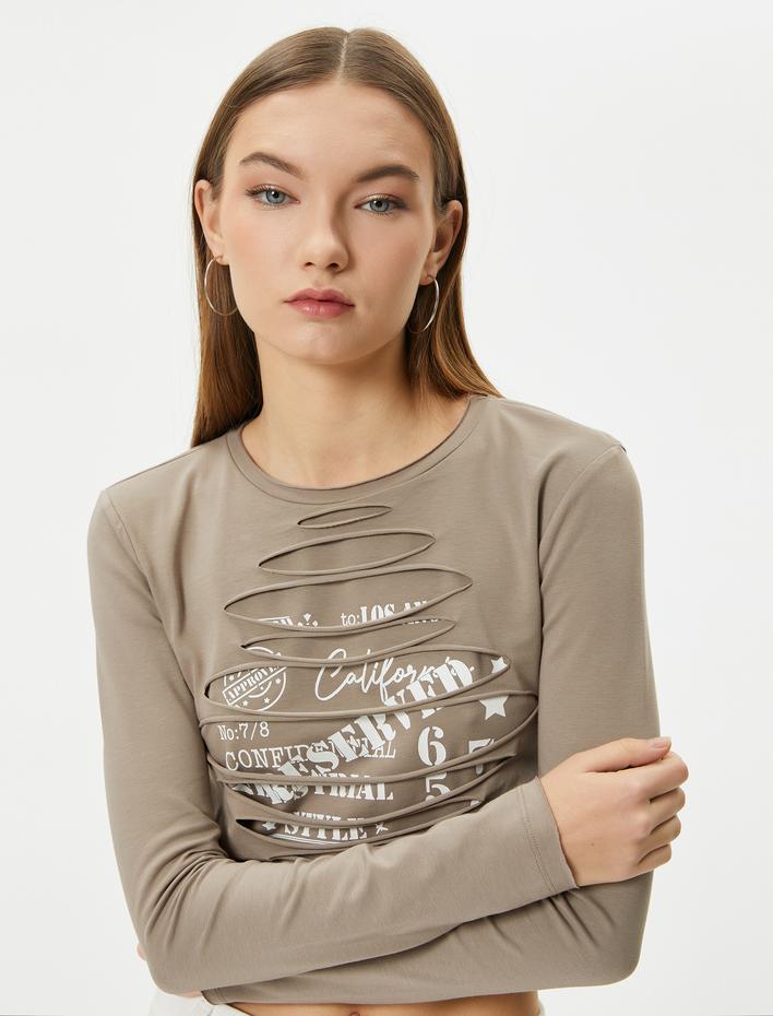  Crop Uzun Kollu Tişört Bisiklet Yaka Slim Fit Pamuklu