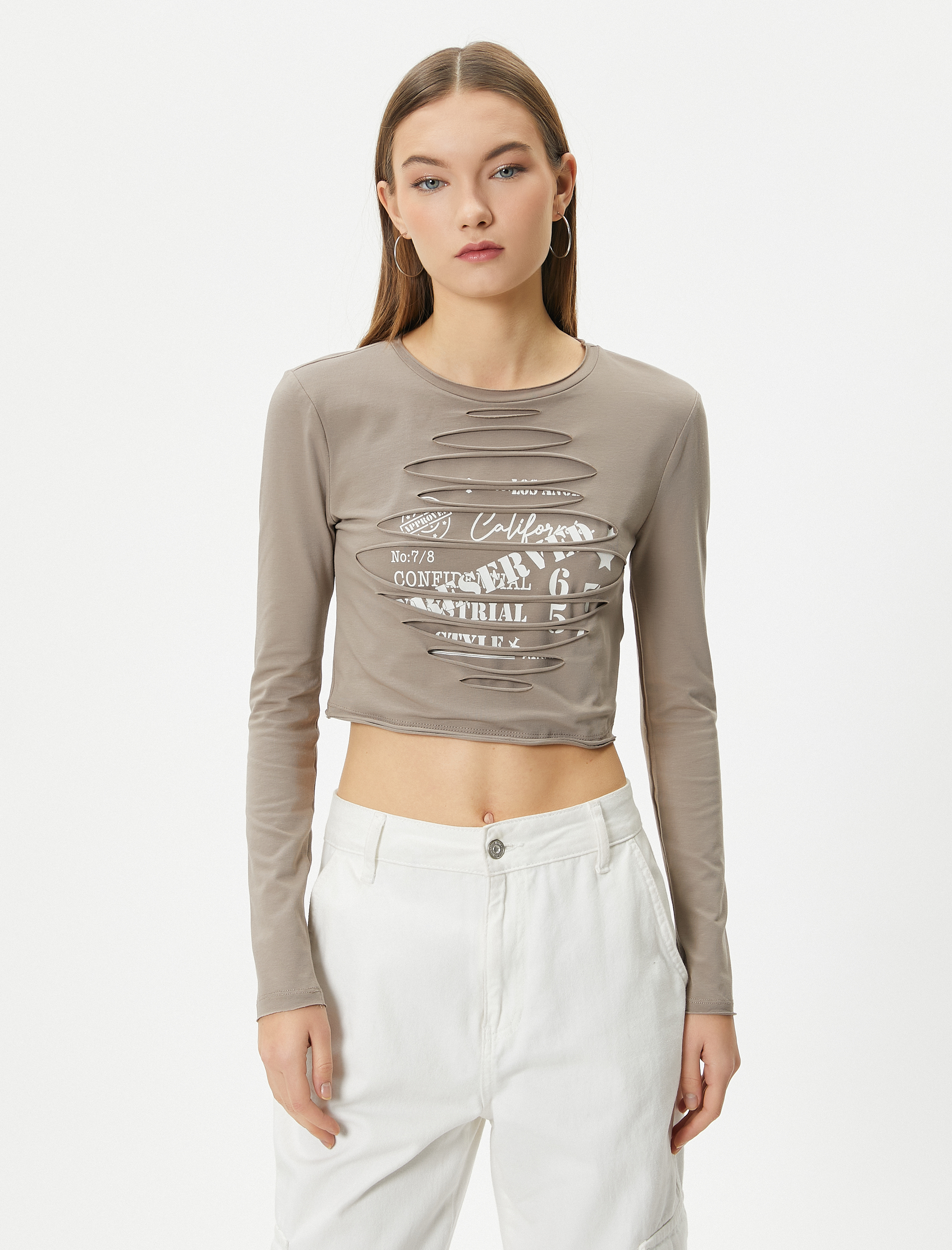   Crop Uzun Kollu Tişört Bisiklet Yaka Slim Fit Pamuklu