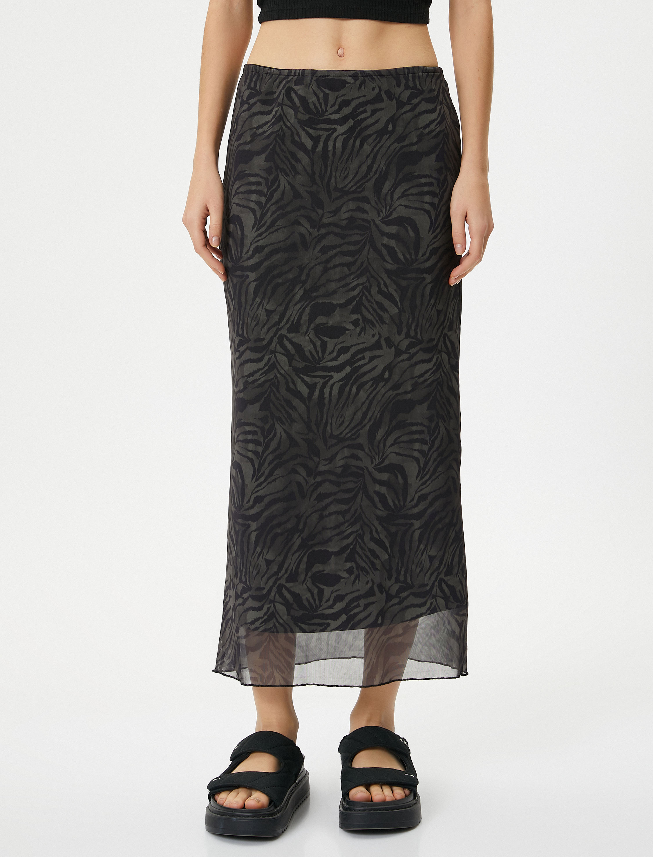   Midi Tül Etek Zebra Desenli Astarlı Standart Bel