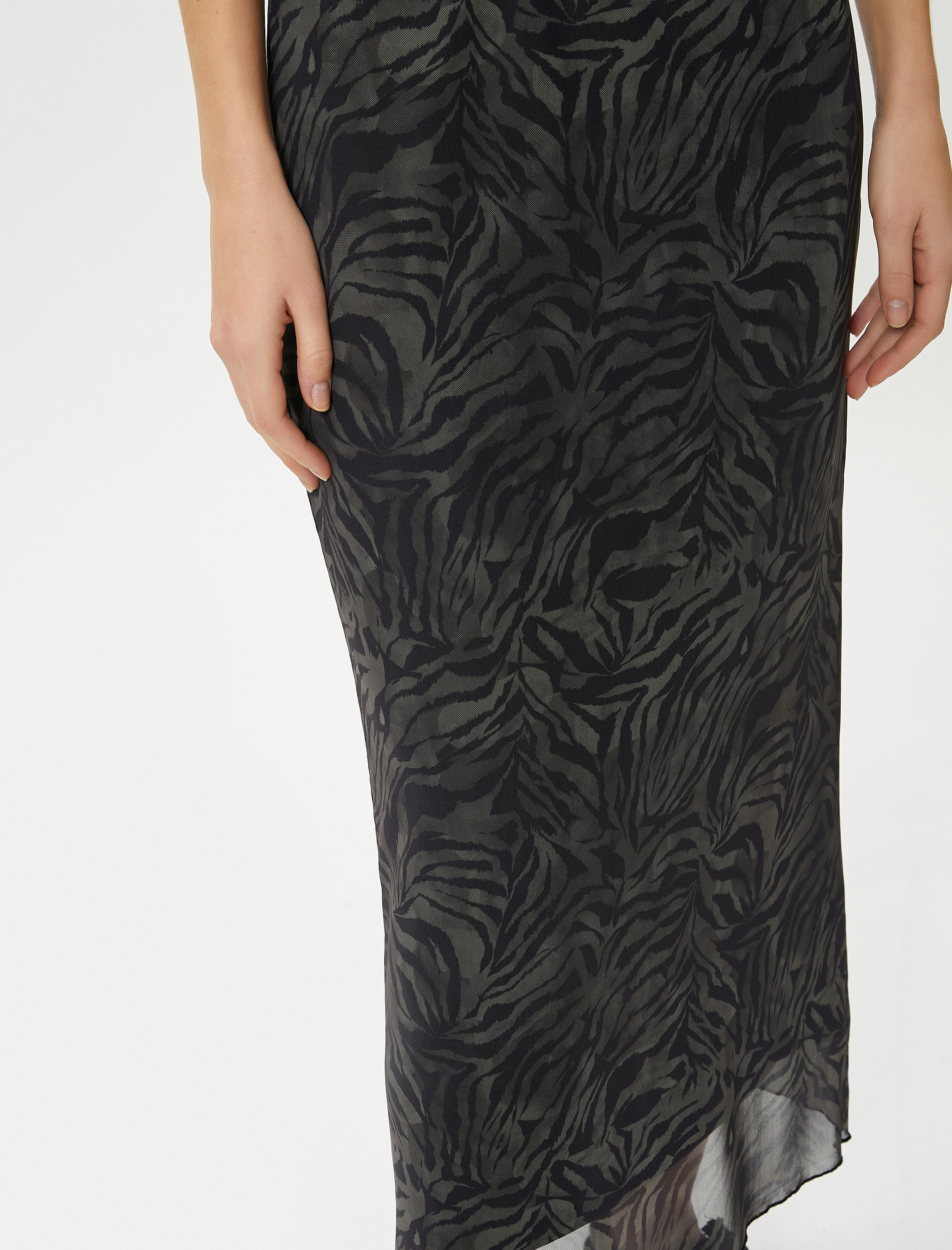   Midi Tül Etek Zebra Desenli Astarlı Standart Bel