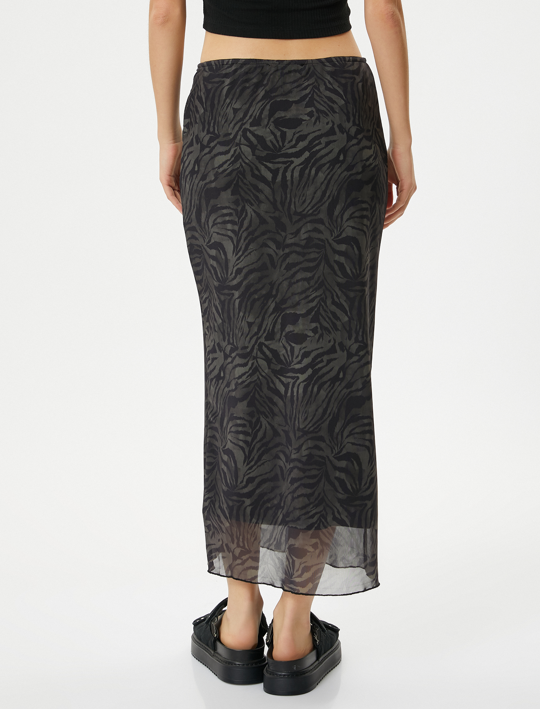   Midi Tül Etek Zebra Desenli Astarlı Standart Bel