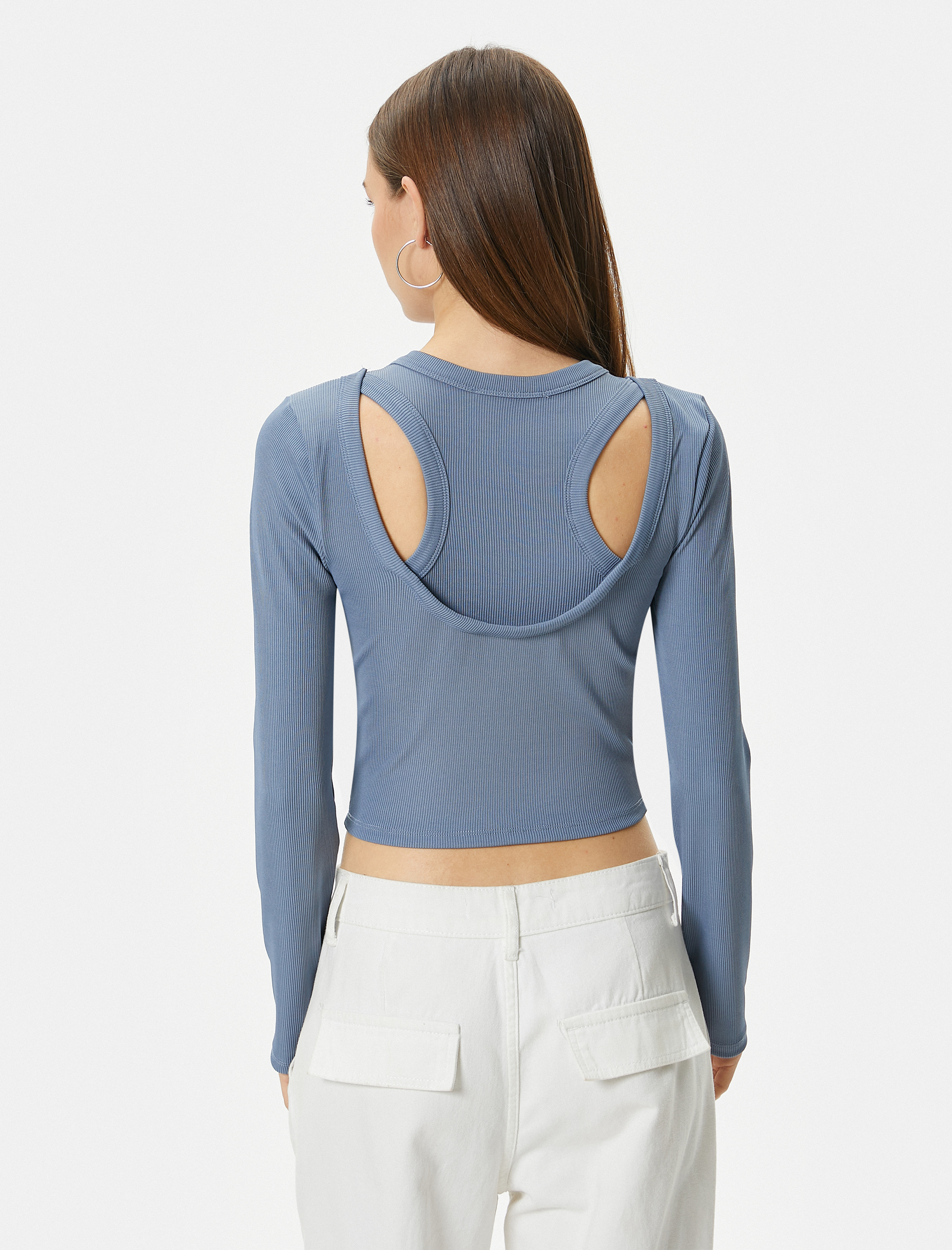   Çift Yaka Detaylı Tişört Uzun Kollu Ribanalı