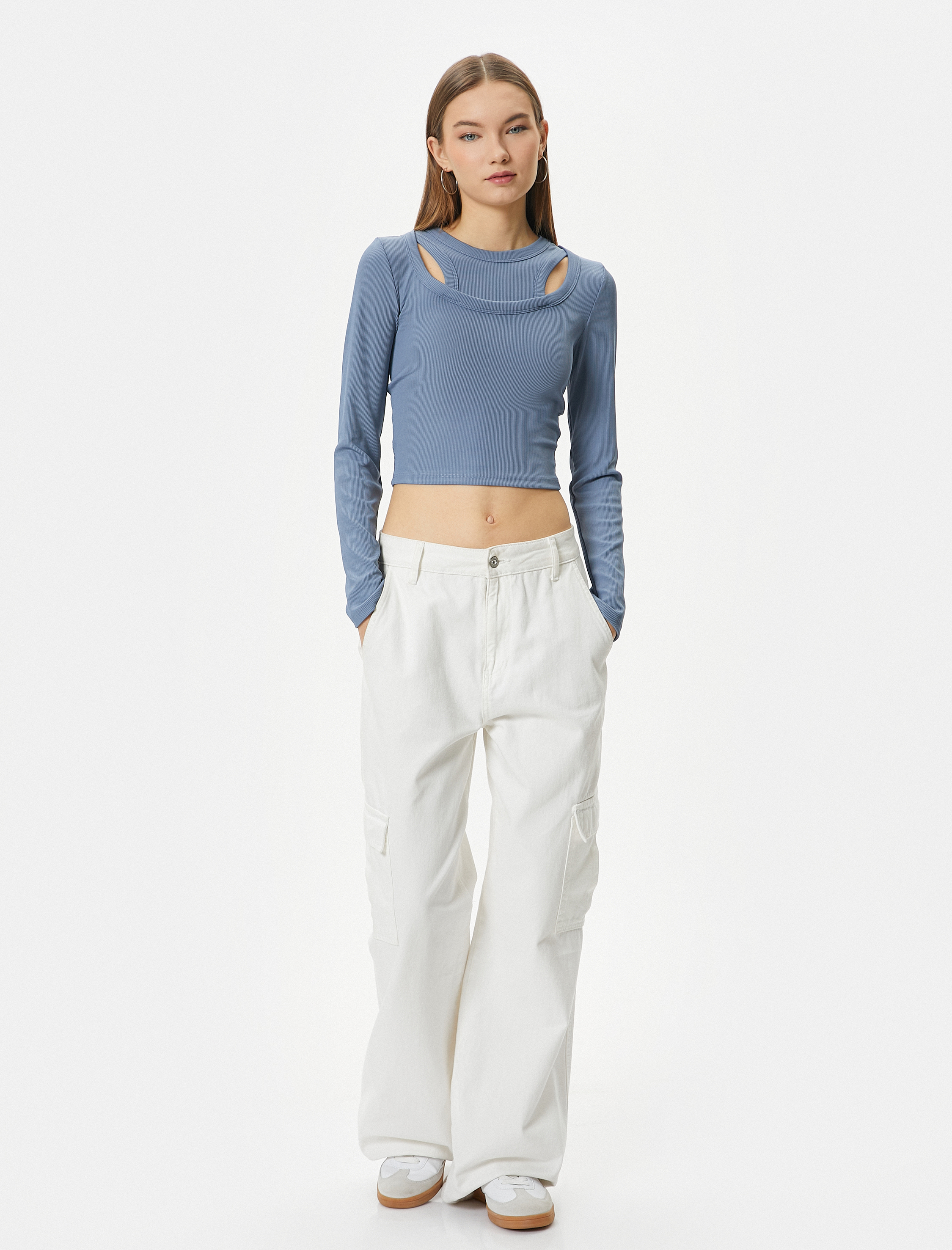   Çift Yaka Detaylı Tişört Uzun Kollu Ribanalı