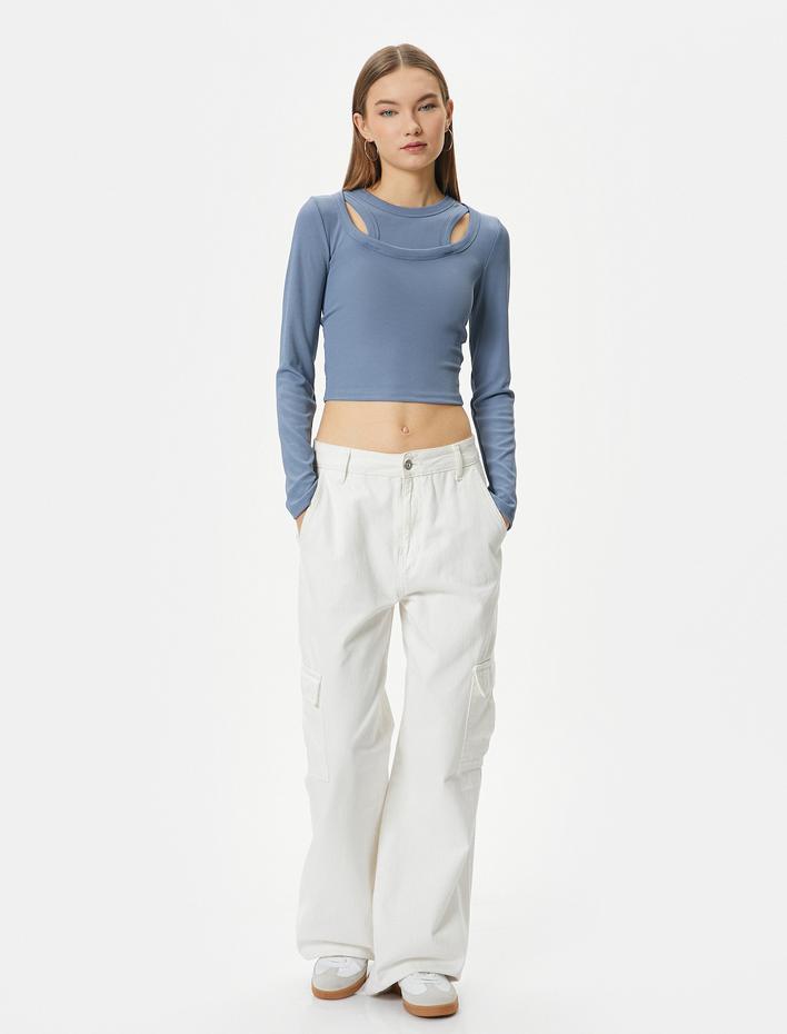  Çift Yaka Detaylı Tişört Uzun Kollu Ribanalı