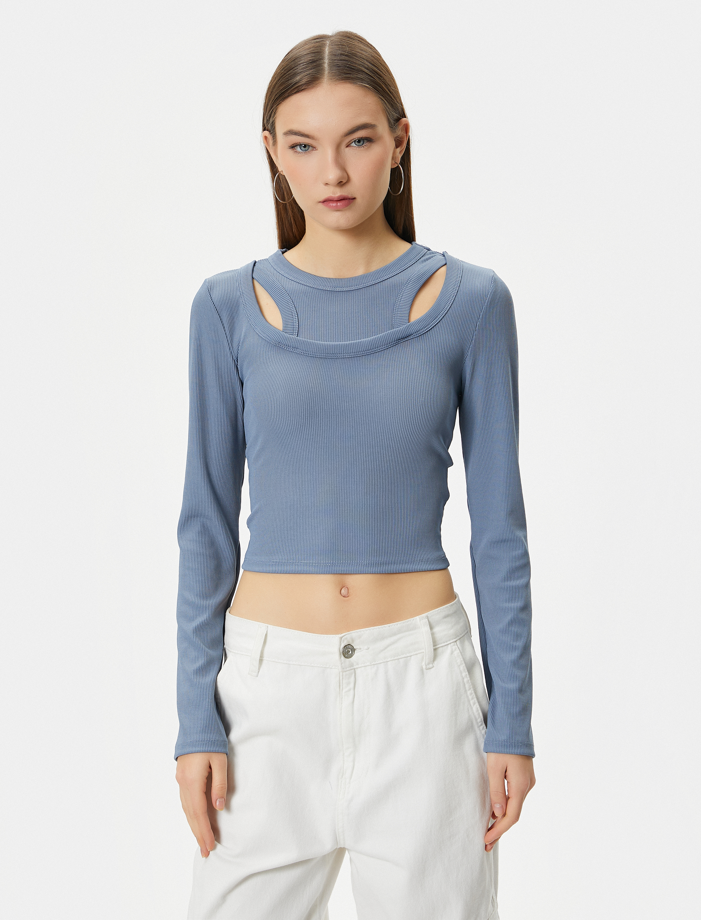   Çift Yaka Detaylı Tişört Uzun Kollu Ribanalı