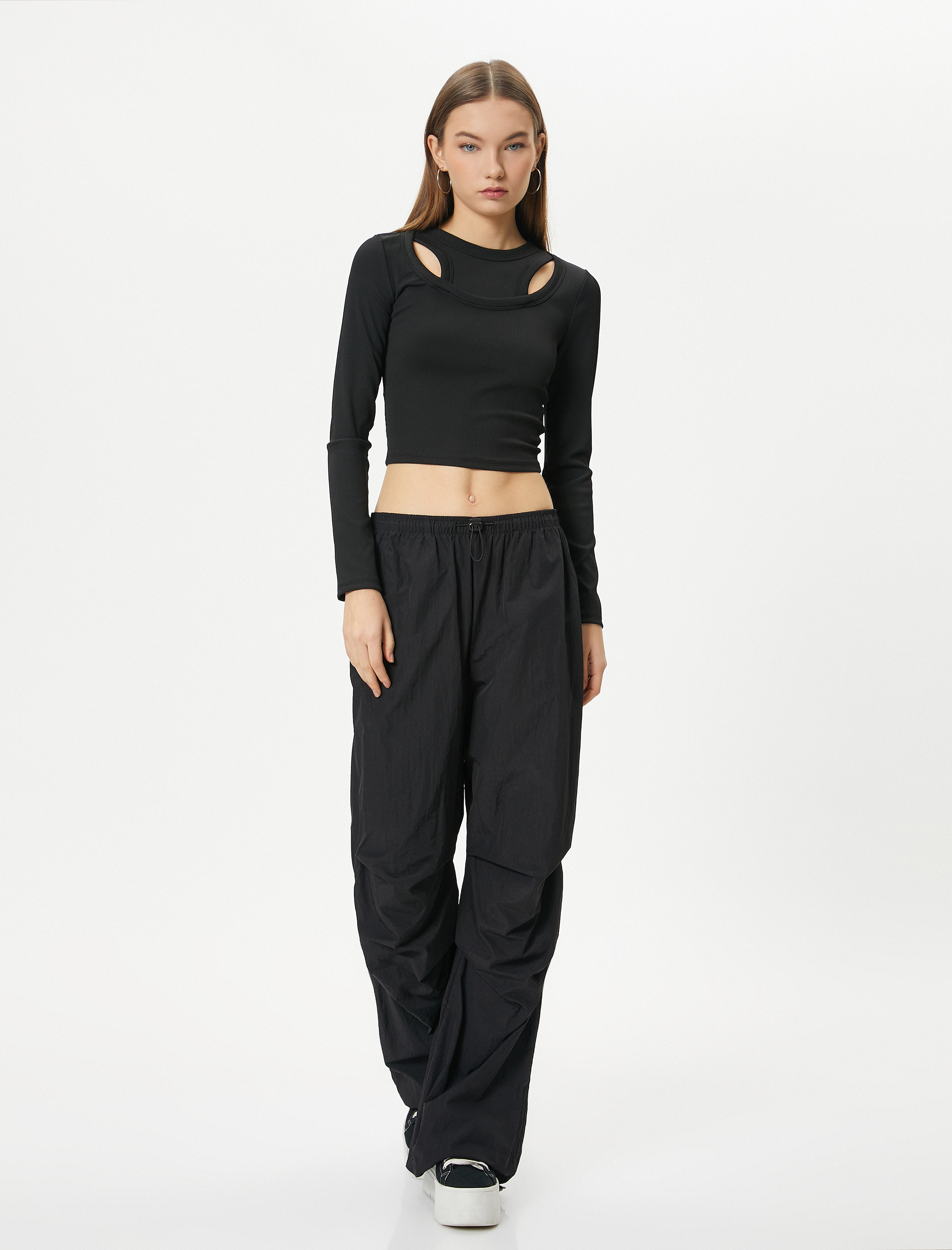   Çift Yaka Detaylı Tişört Uzun Kollu Ribanalı