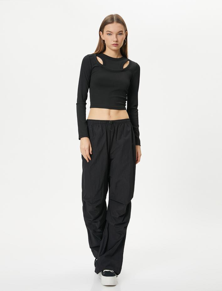  Çift Yaka Detaylı Tişört Uzun Kollu Ribanalı