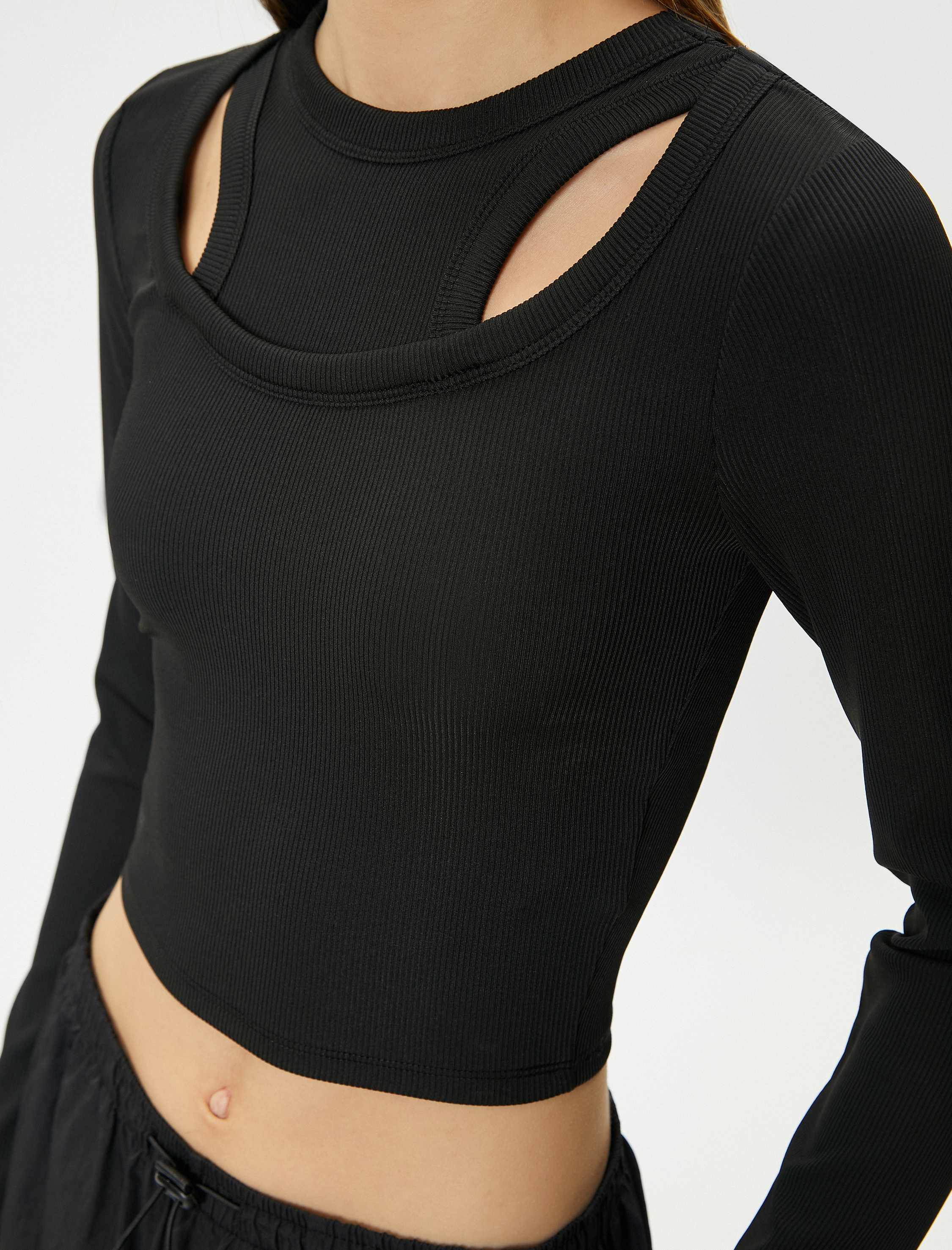   Çift Yaka Detaylı Tişört Uzun Kollu Ribanalı