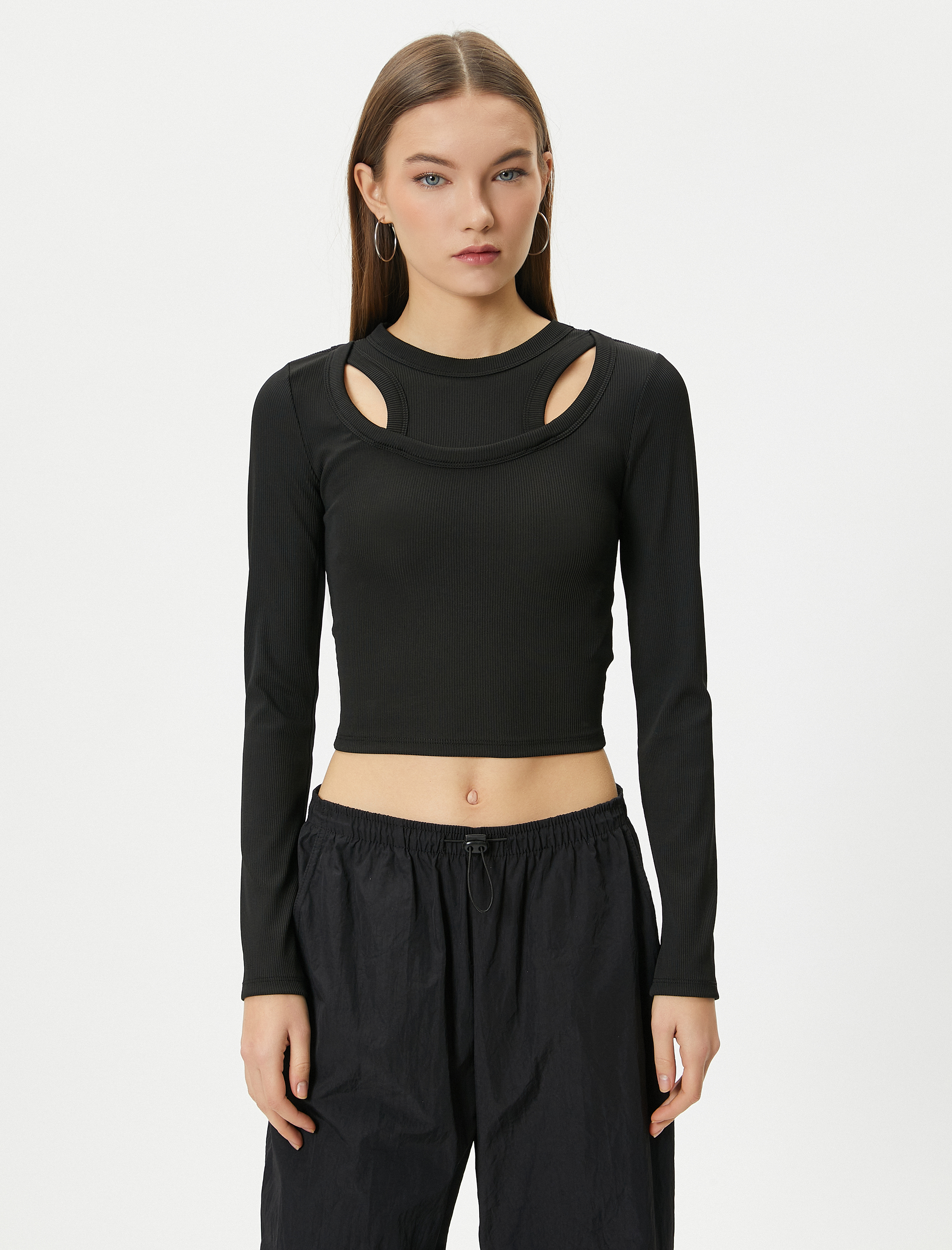   Çift Yaka Detaylı Tişört Uzun Kollu Ribanalı