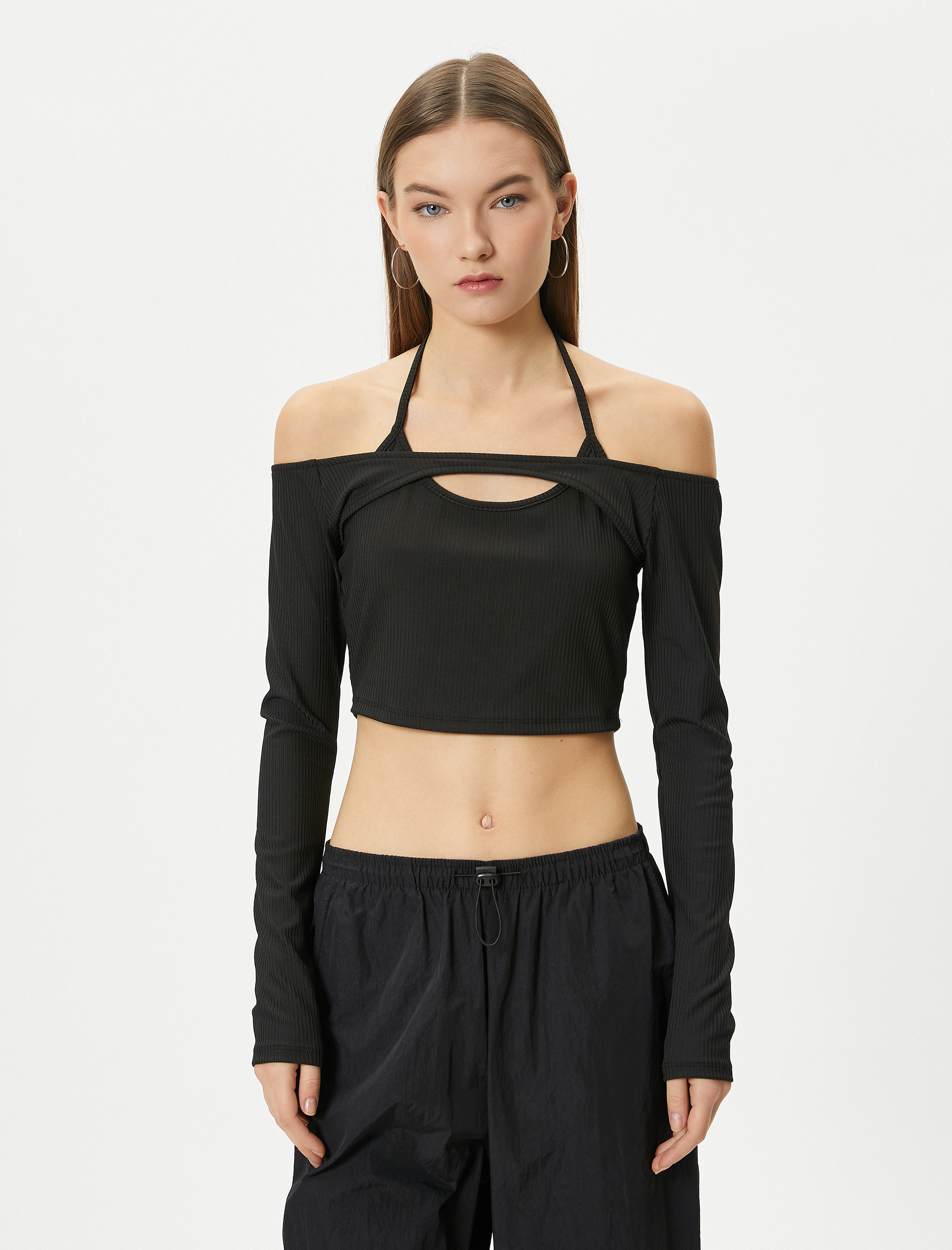   Kayık Yaka Crop Tişört Uzun Kollu Bağlama Detaylı