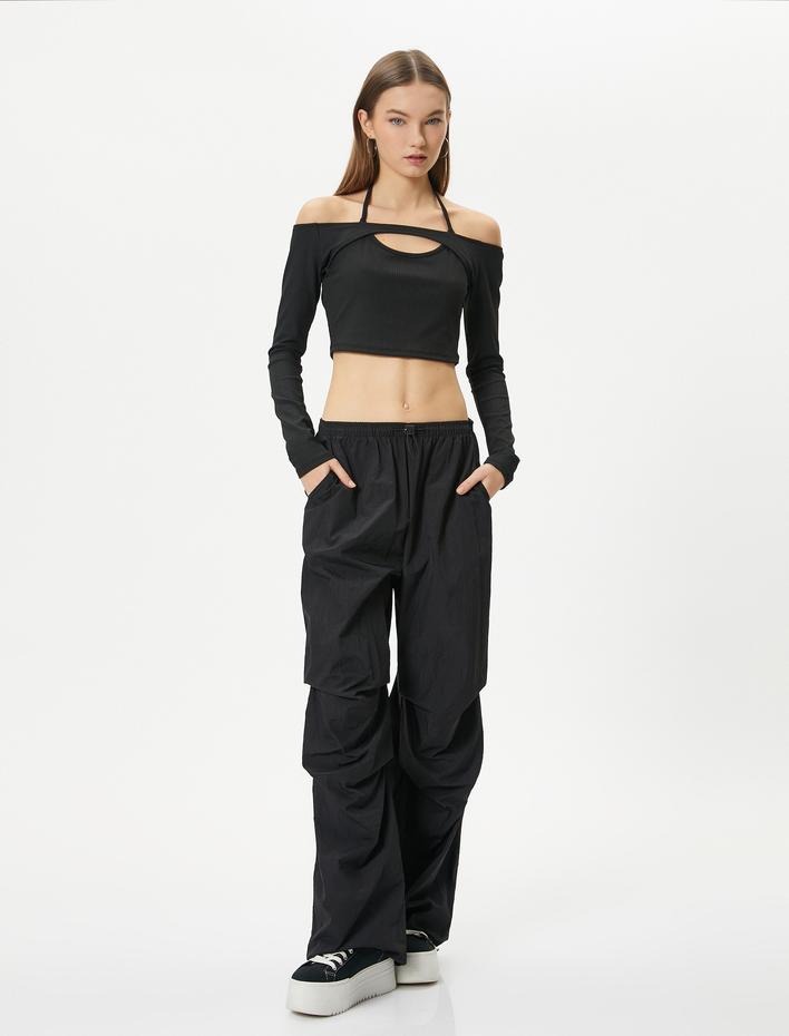  Kayık Yaka Crop Tişört Uzun Kollu Bağlama Detaylı