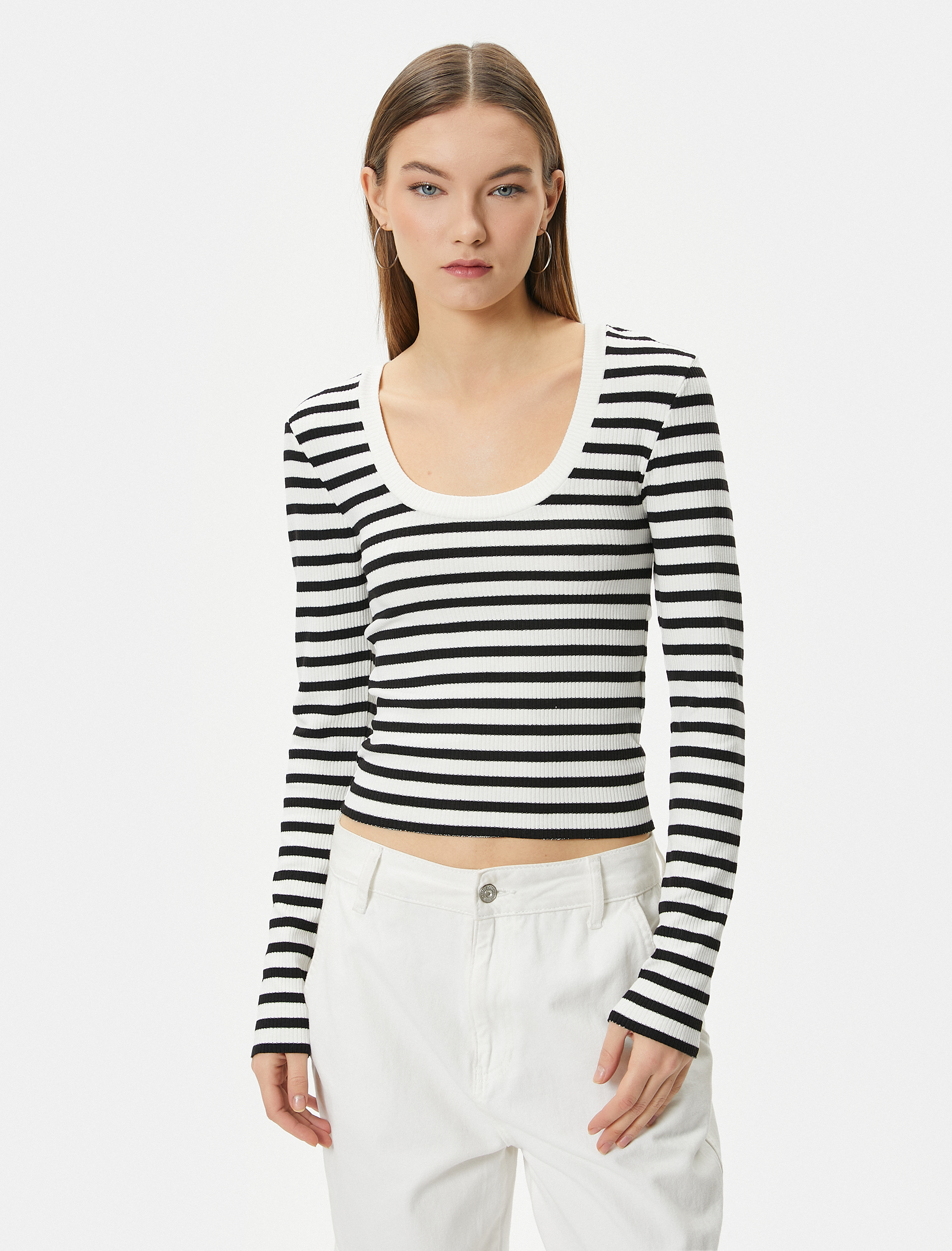   Uzun Kollu Tişört Yuvarlak Yaka Ribanalı Slim Fit