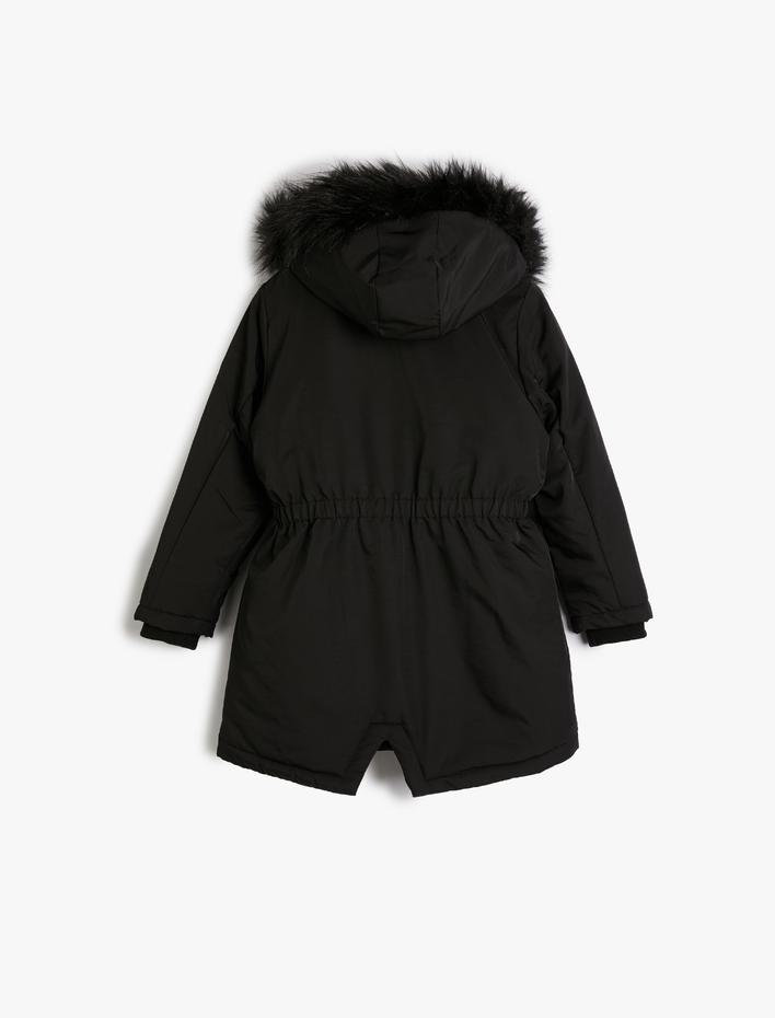 Kız Çocuk Uzun Şişme Kapşonlu Mont Kürk Detaylı Cepli