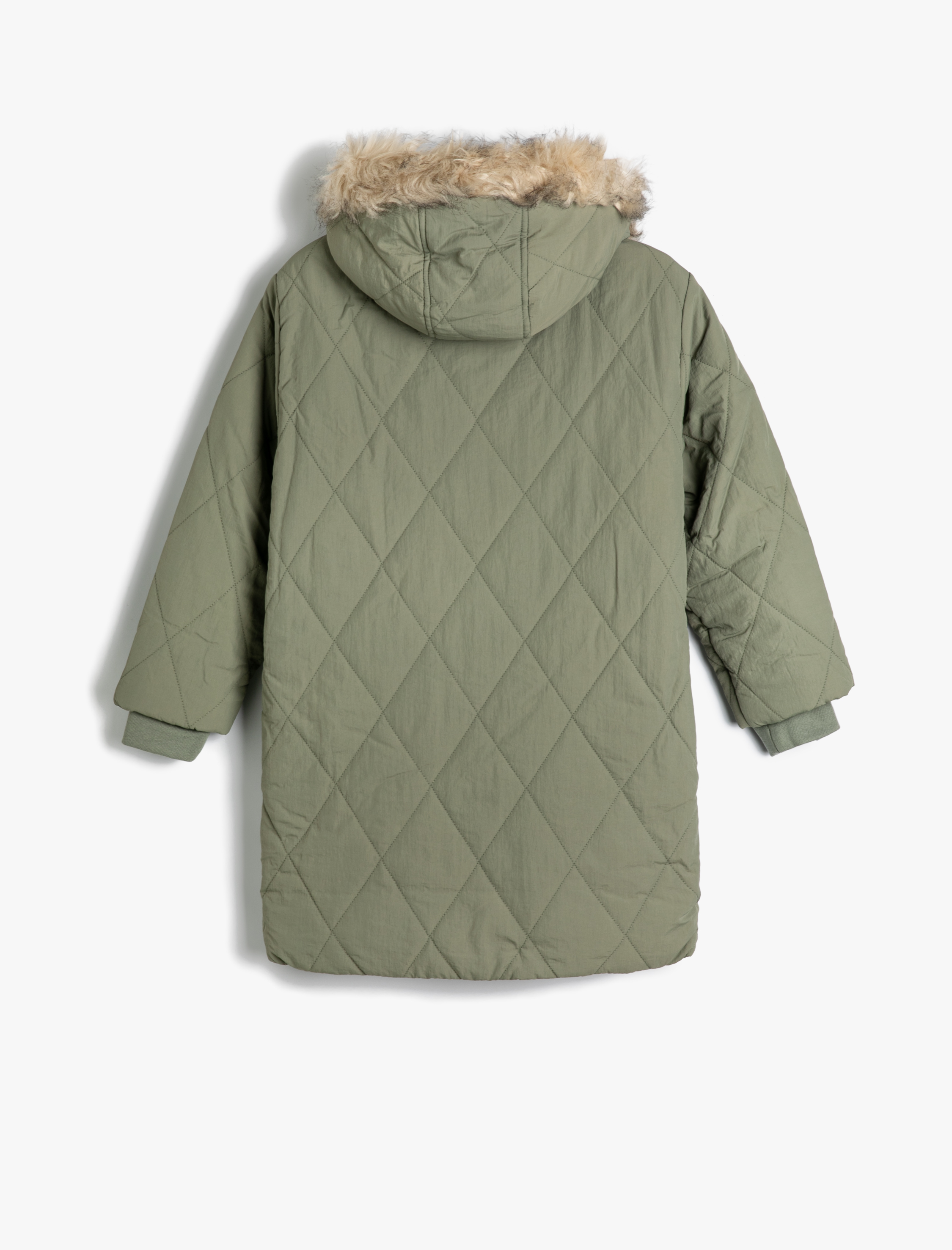  Kız Çocuk Oversize Uzun Kaban Kapitone Suni Kürk Detaylı Kapüşonlu İçi Peluş Astarlı Kapaklı Cepli Fermuarlı