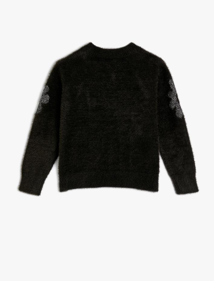 Kız Çocuk Peluş Kazak Çiçek Desenli Uzun Kollu Bisiklet Yaka