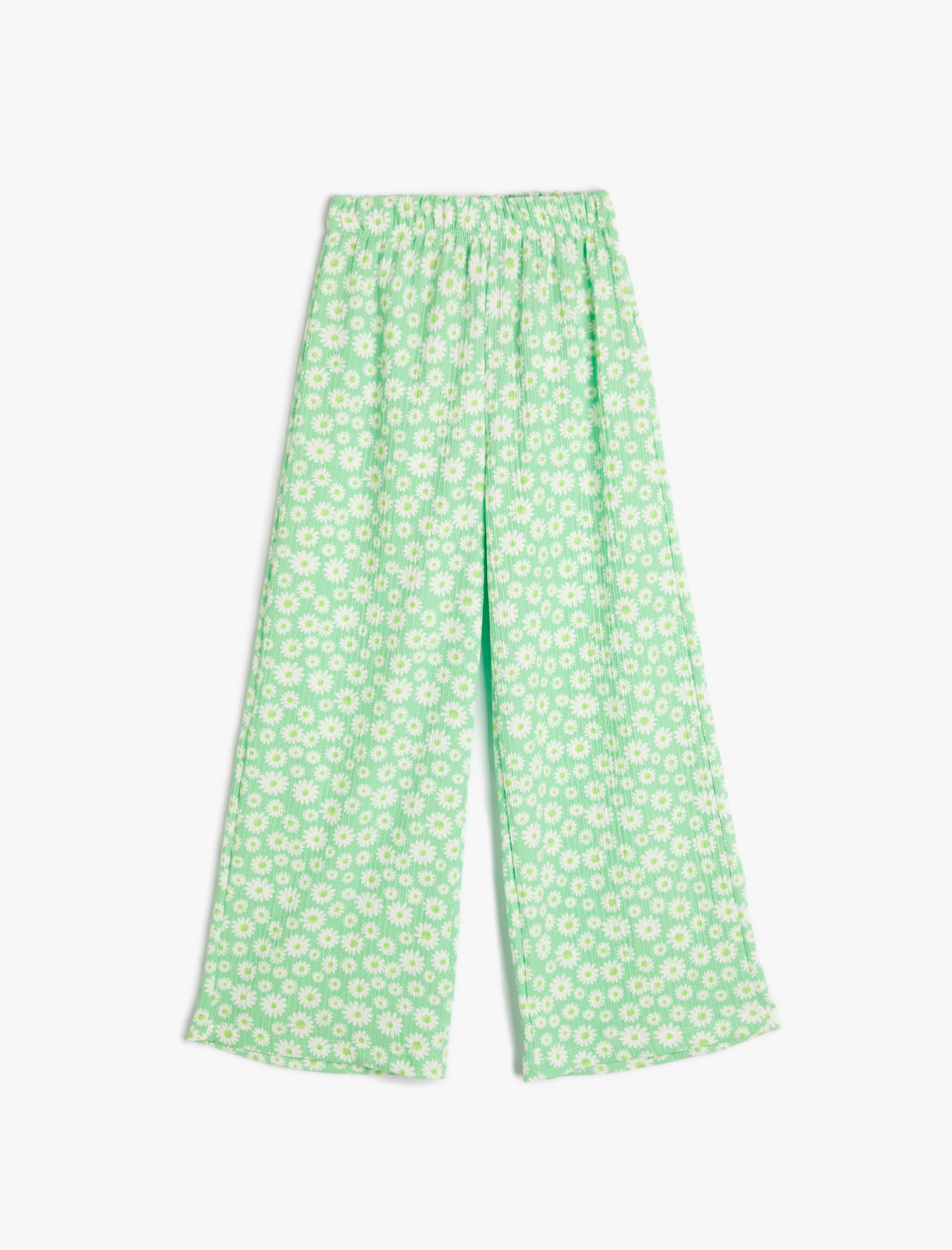  Kız Çocuk Bol Paça Pantolon Çiçekli Beli Lastikli Dokulu