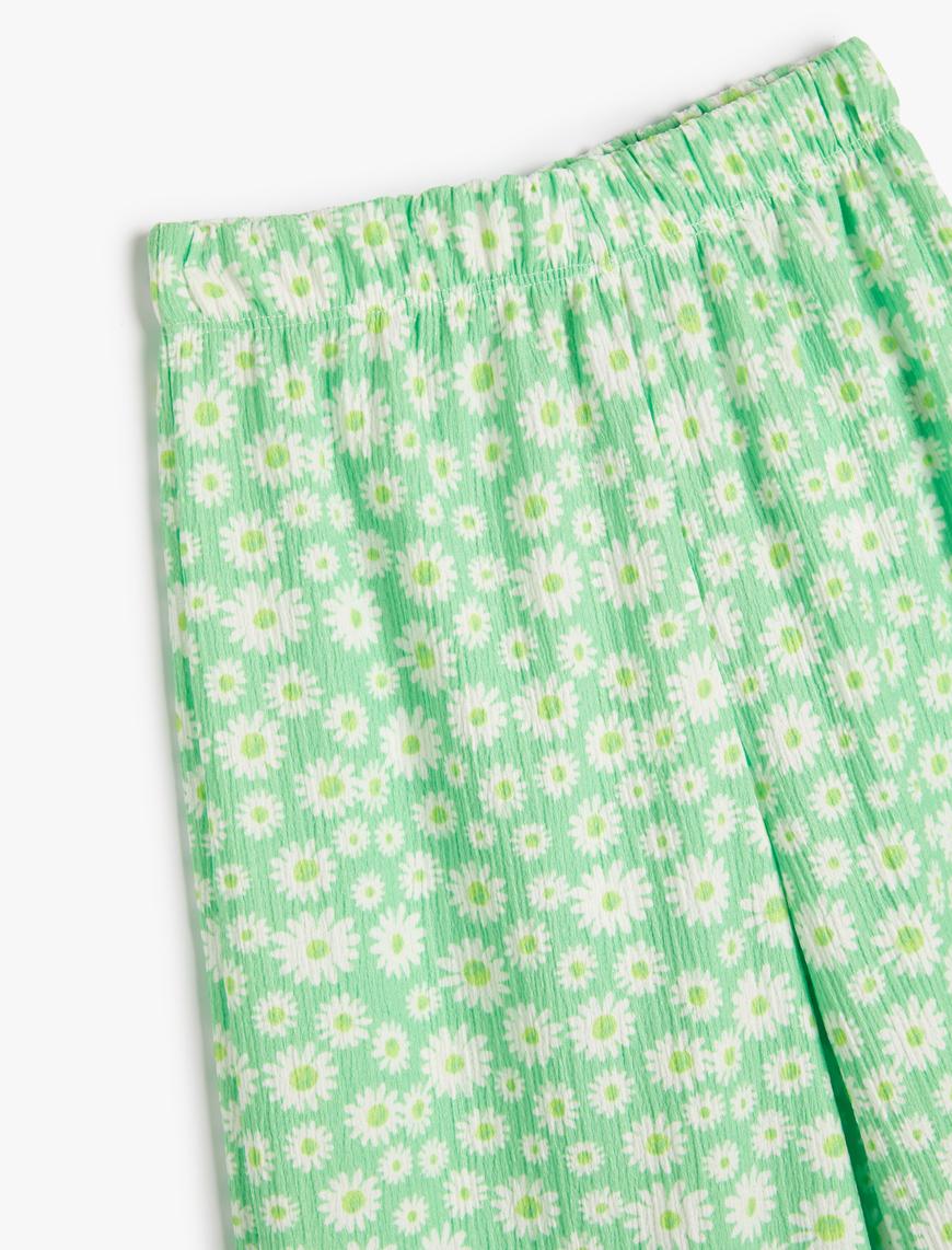  Kız Çocuk Bol Paça Pantolon Çiçekli Beli Lastikli Dokulu