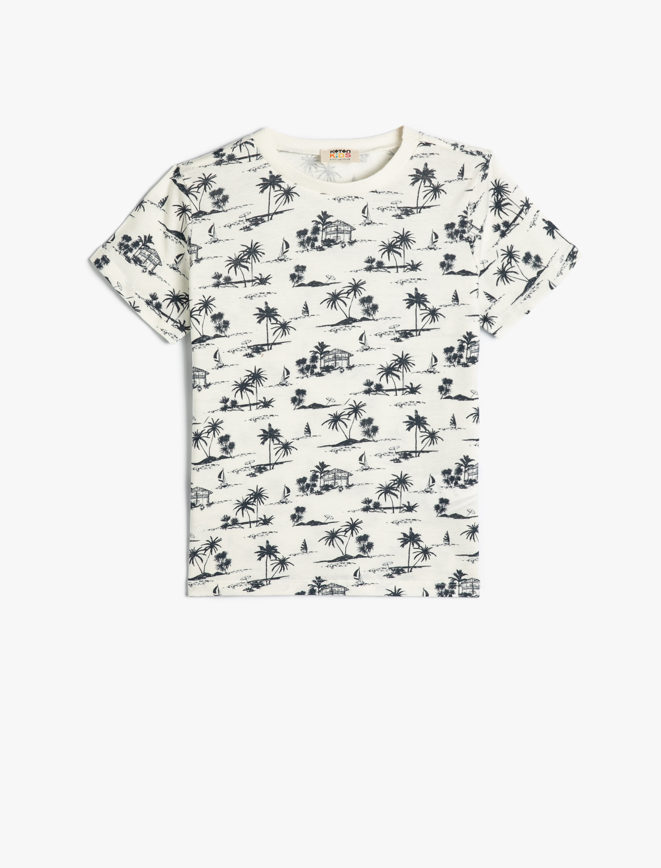  Erkek Çocuk Tişört Palmiye Baskılı Kısa Kollu Bisiklet Yaka Pamuklu