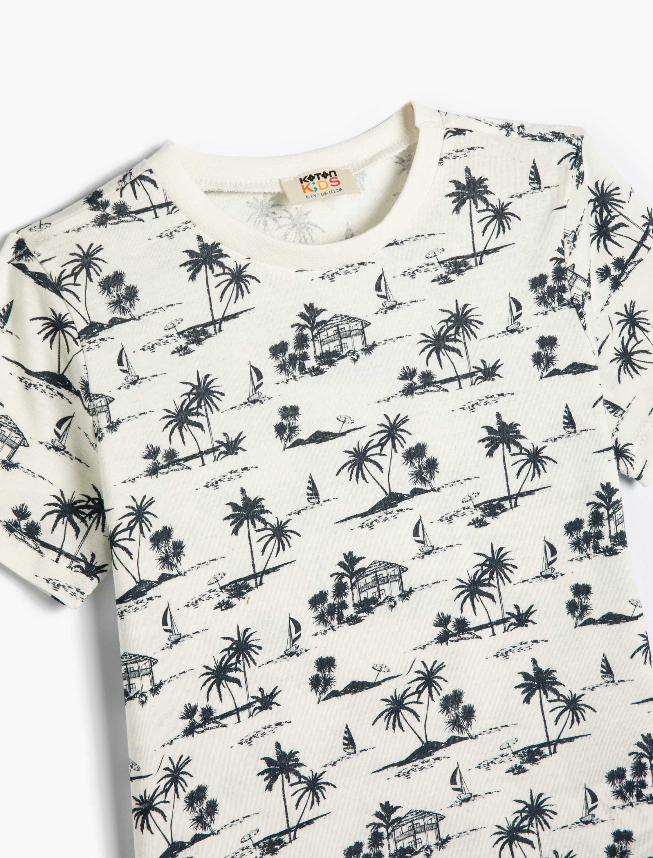  Erkek Çocuk Tişört Palmiye Baskılı Kısa Kollu Bisiklet Yaka Pamuklu