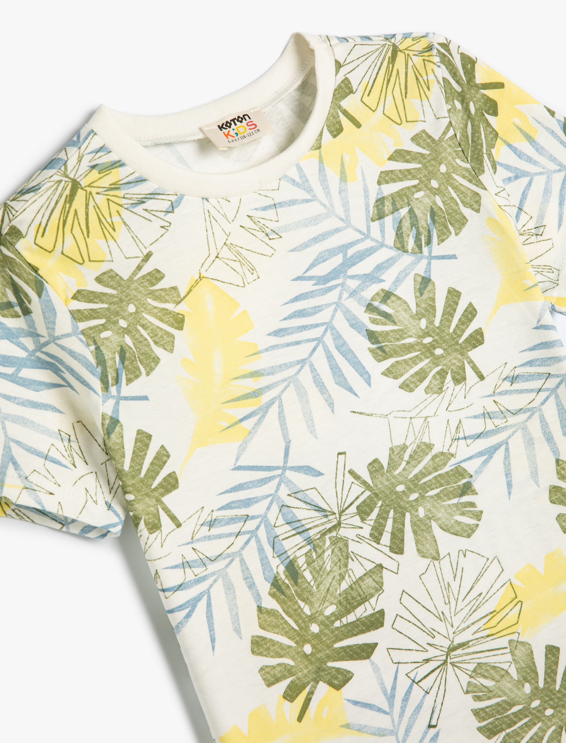  Erkek Çocuk Tişört Yaprak Baskılı Kısa Kollu Bisiklet Yaka Pamuklu