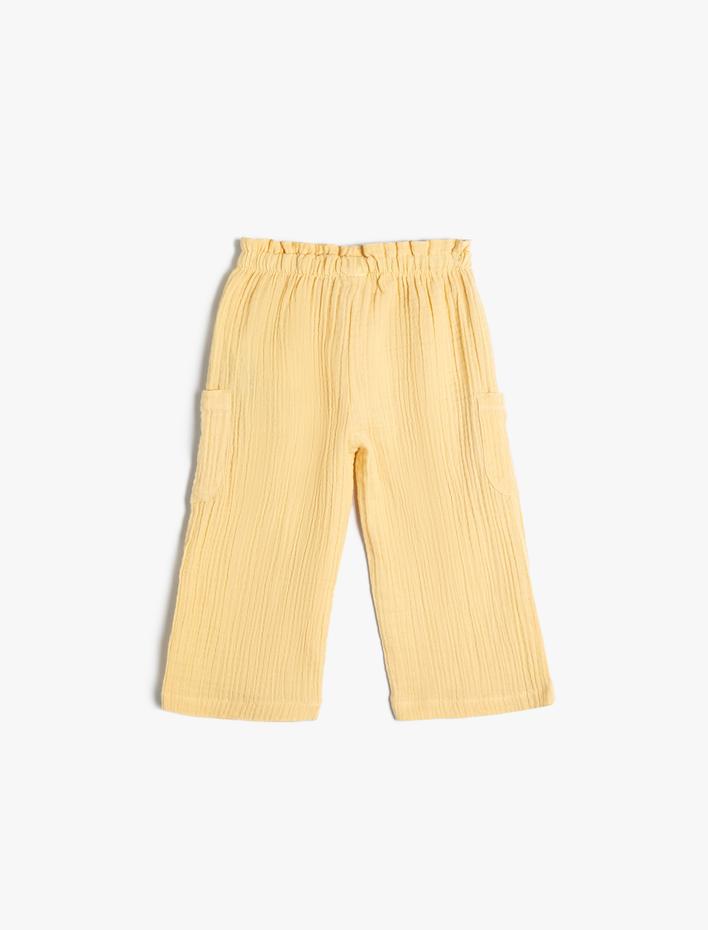 Kız Bebek Bol Paça Pantolon Müslin Kumaş Cep Detaylı Beli Lastikli Dokulu