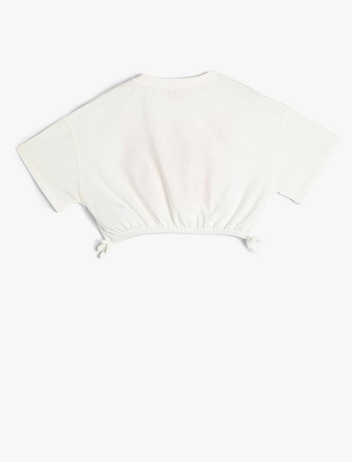 Kız Çocuk Crop Tişört Kısa Kollu Bisiklet Yaka Baskılı Lastikli Pamuklu