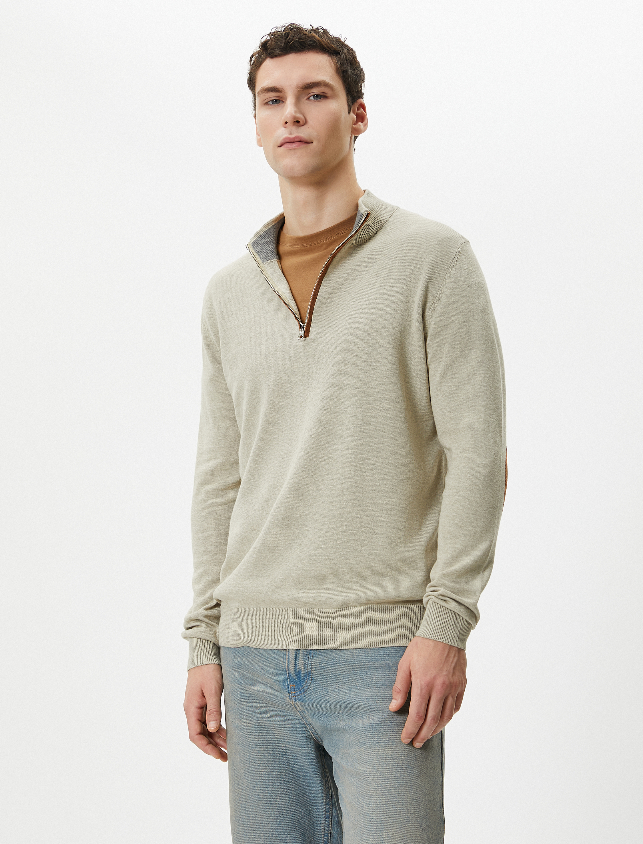 Yarım Fermuarlı Kazak Slim Fit Uzun Kollu Dirsek Detaylı