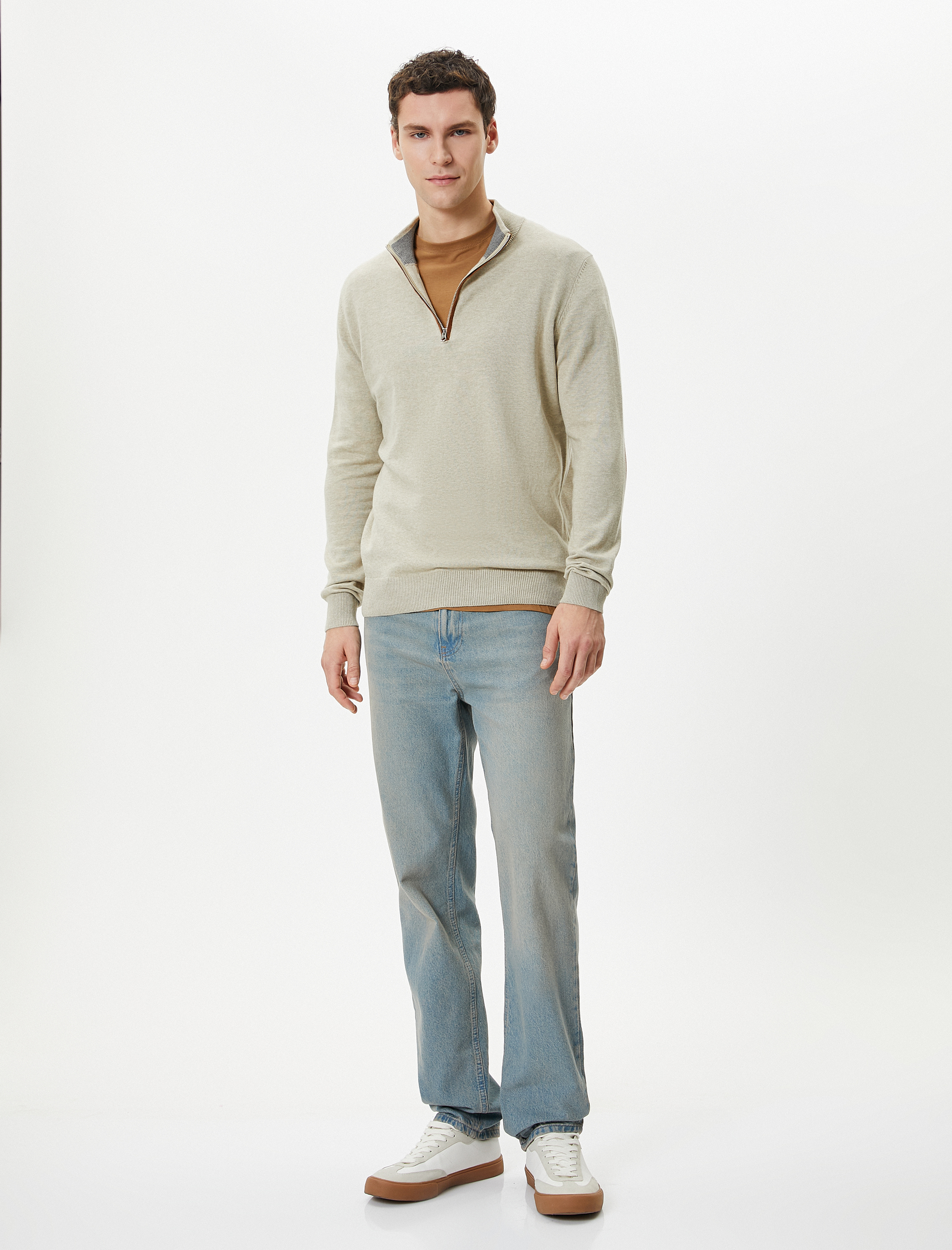 Yarım Fermuarlı Kazak Slim Fit Uzun Kollu Dirsek Detaylı