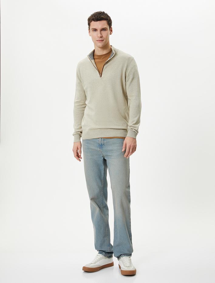  Yarım Fermuarlı Kazak Slim Fit Uzun Kollu Dirsek Detaylı