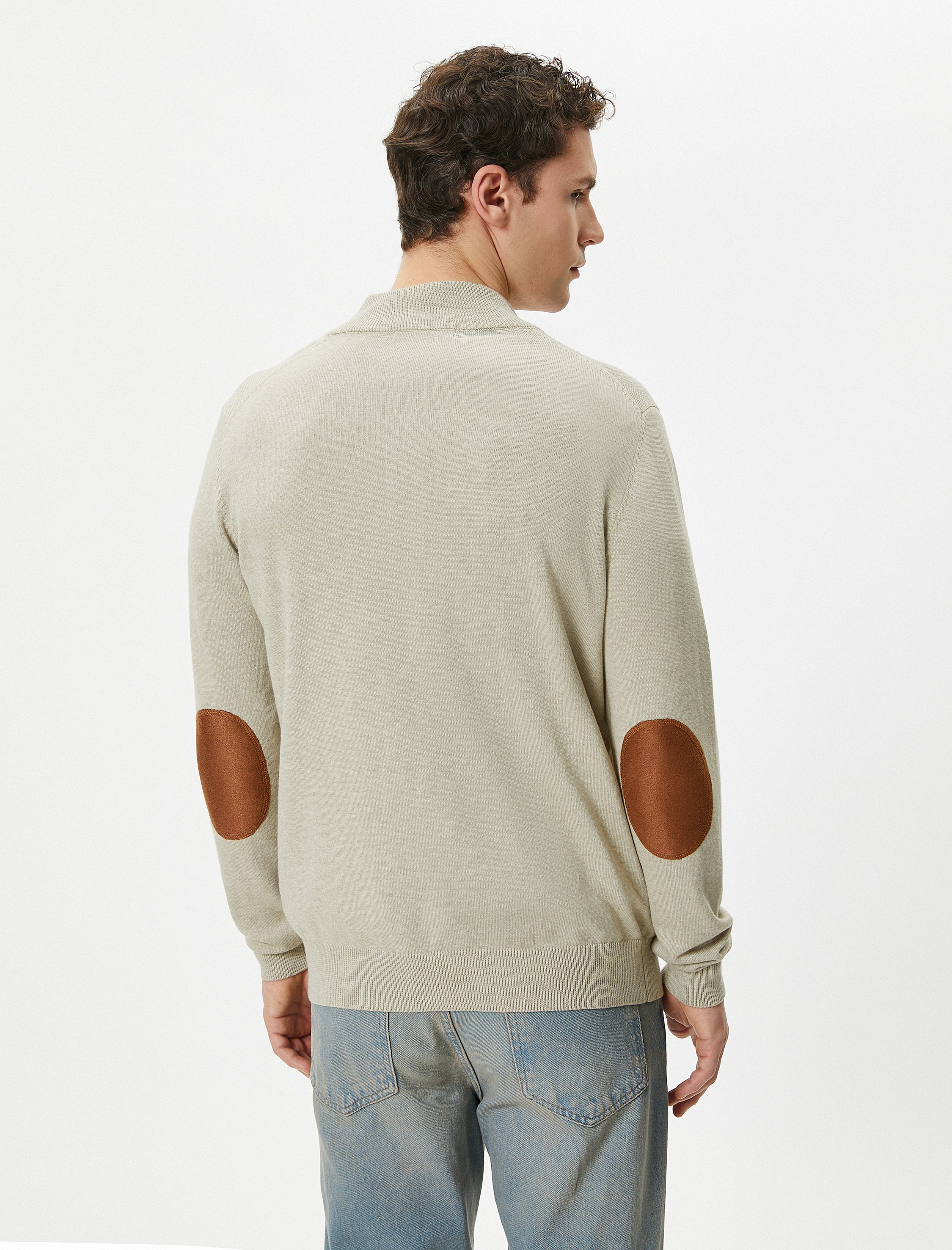 Yarım Fermuarlı Kazak Slim Fit Uzun Kollu Dirsek Detaylı