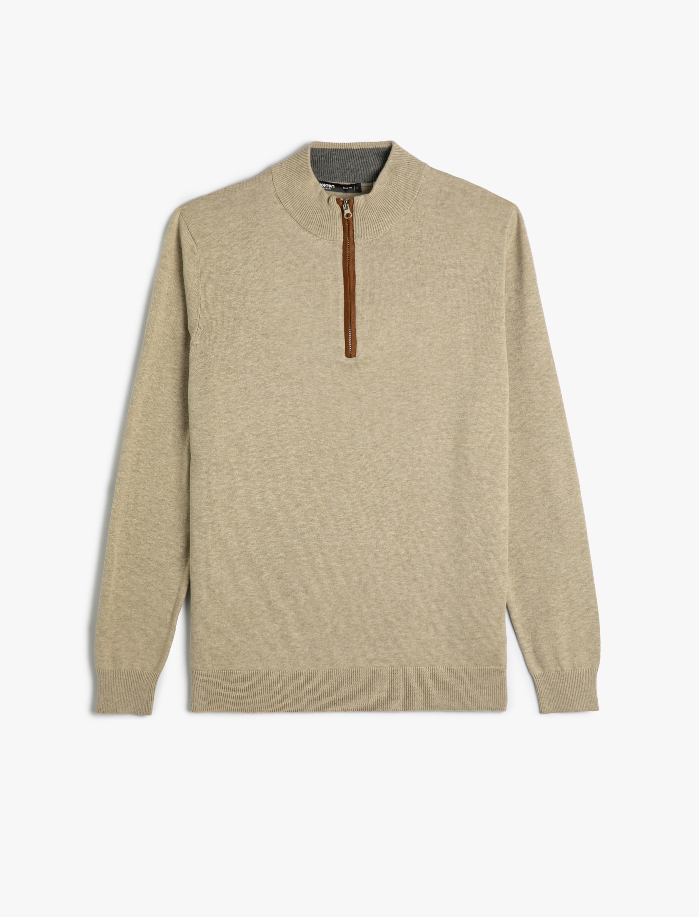 Yarım Fermuarlı Kazak Slim Fit Uzun Kollu Dirsek Detaylı