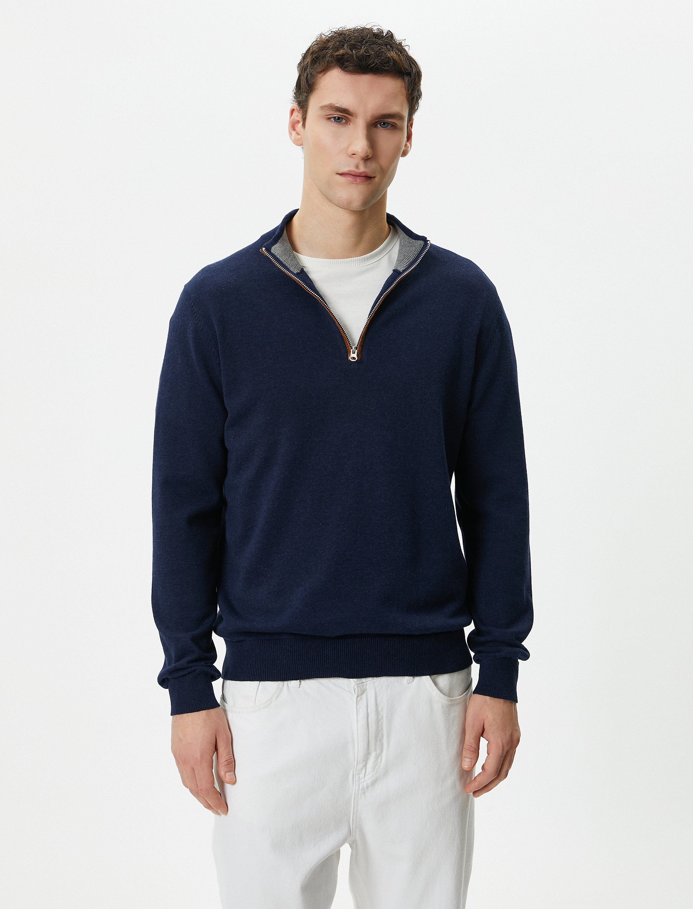   Yarım Fermuarlı Kazak Slim Fit Uzun Kollu Dirsek Detaylı