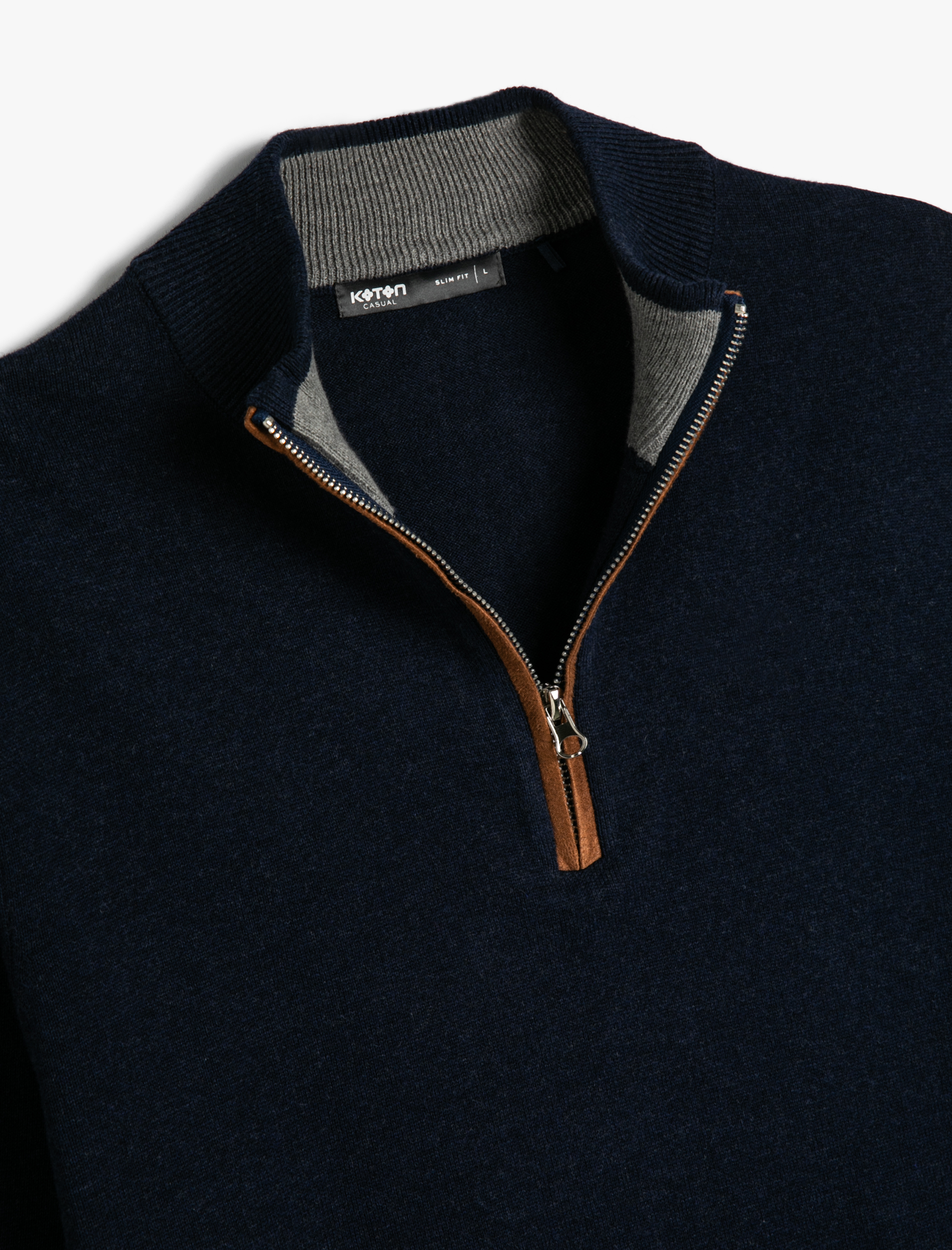   Yarım Fermuarlı Kazak Slim Fit Uzun Kollu Dirsek Detaylı