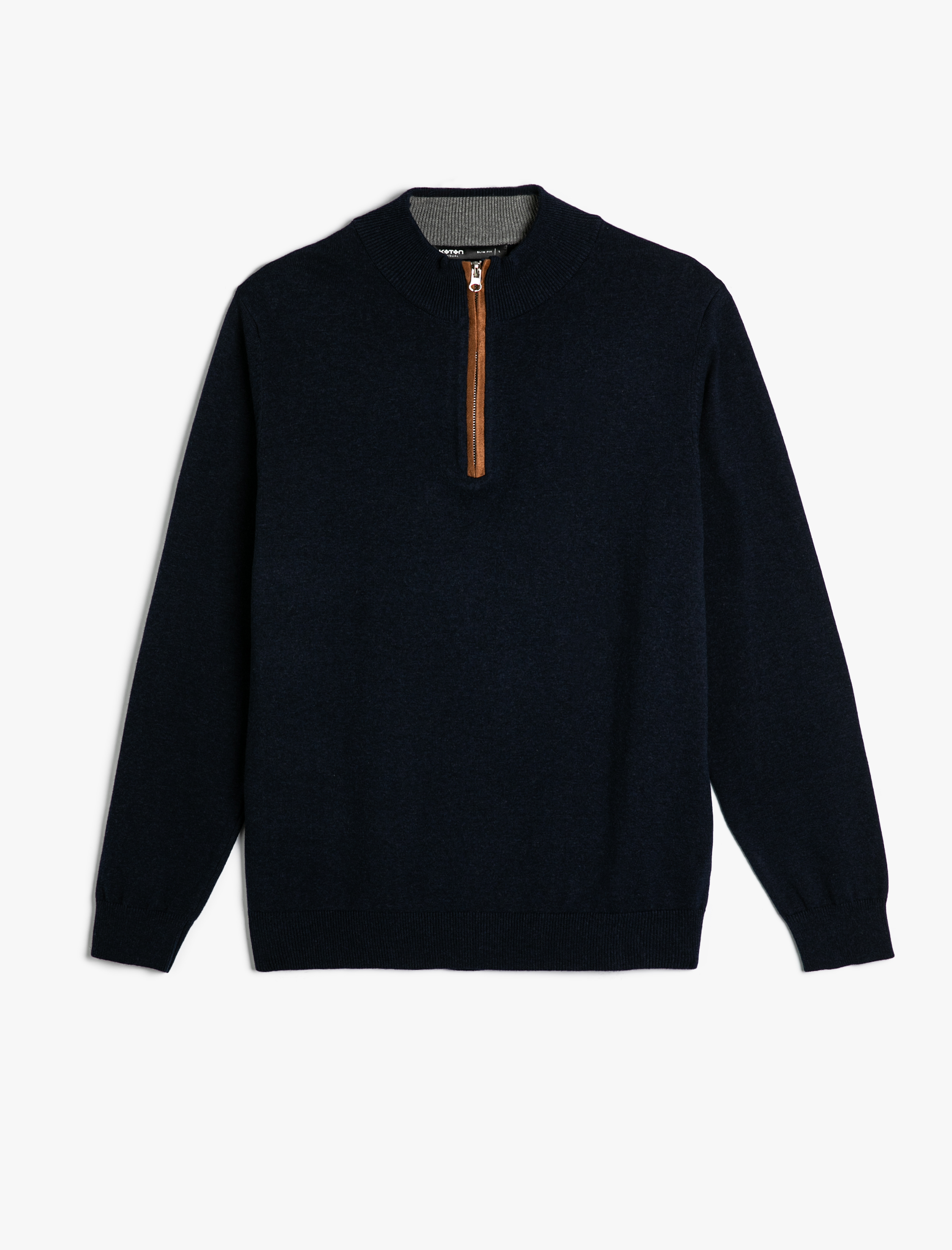   Yarım Fermuarlı Kazak Slim Fit Uzun Kollu Dirsek Detaylı