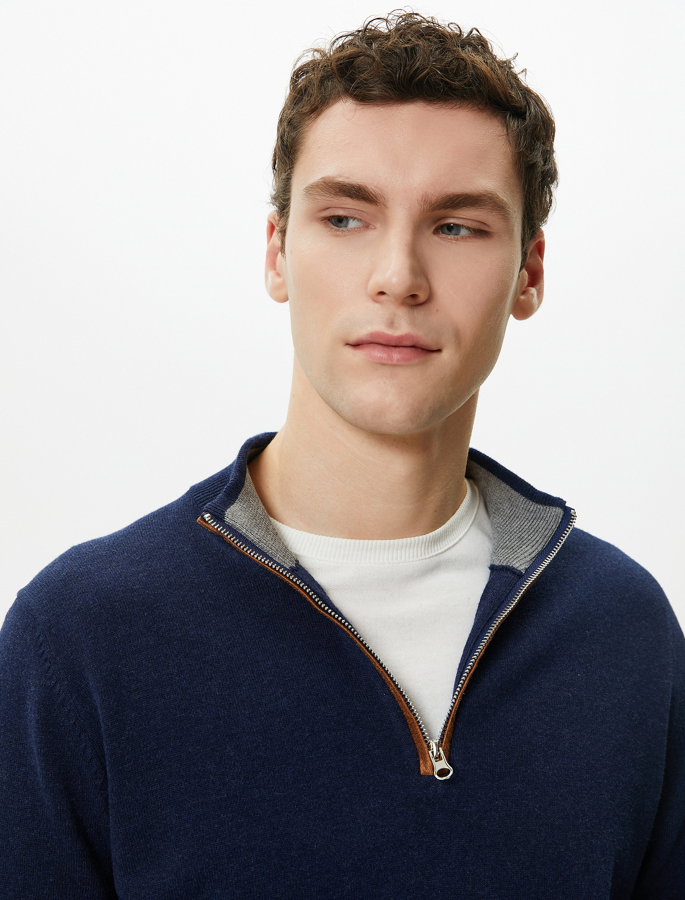   Yarım Fermuarlı Kazak Slim Fit Uzun Kollu Dirsek Detaylı