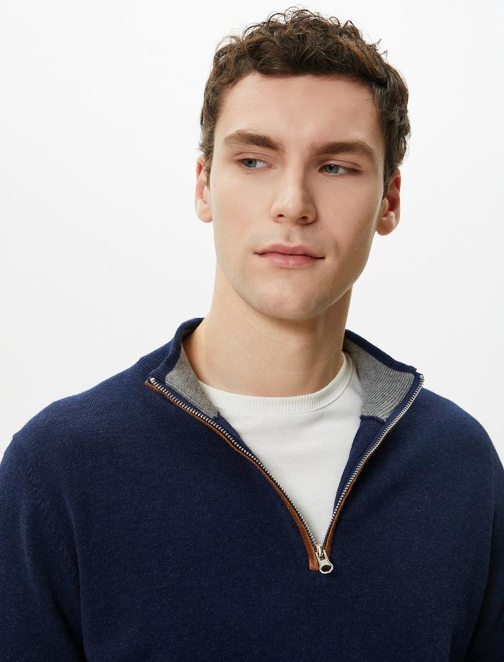  Yarım Fermuarlı Kazak Slim Fit Uzun Kollu Dirsek Detaylı