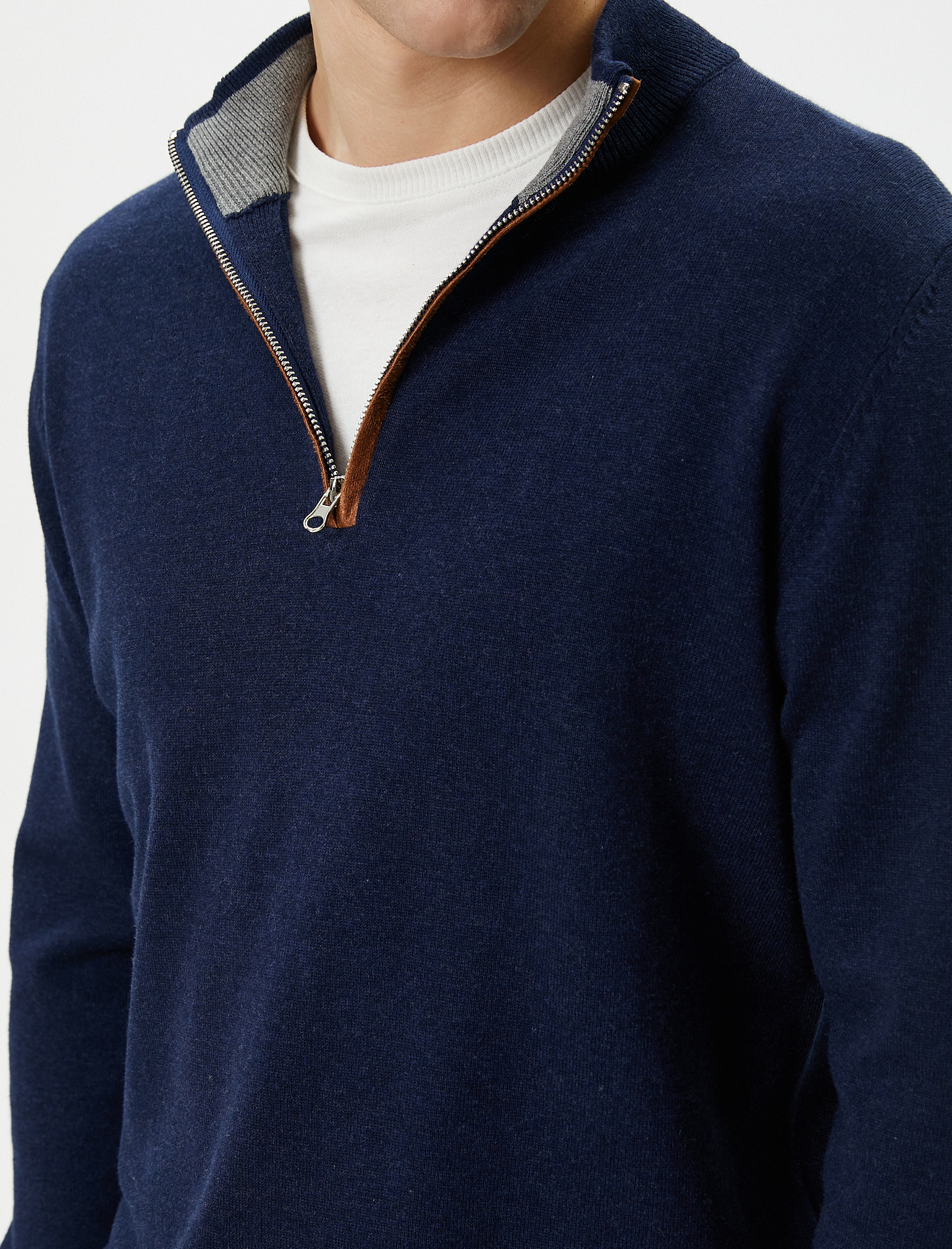   Yarım Fermuarlı Kazak Slim Fit Uzun Kollu Dirsek Detaylı