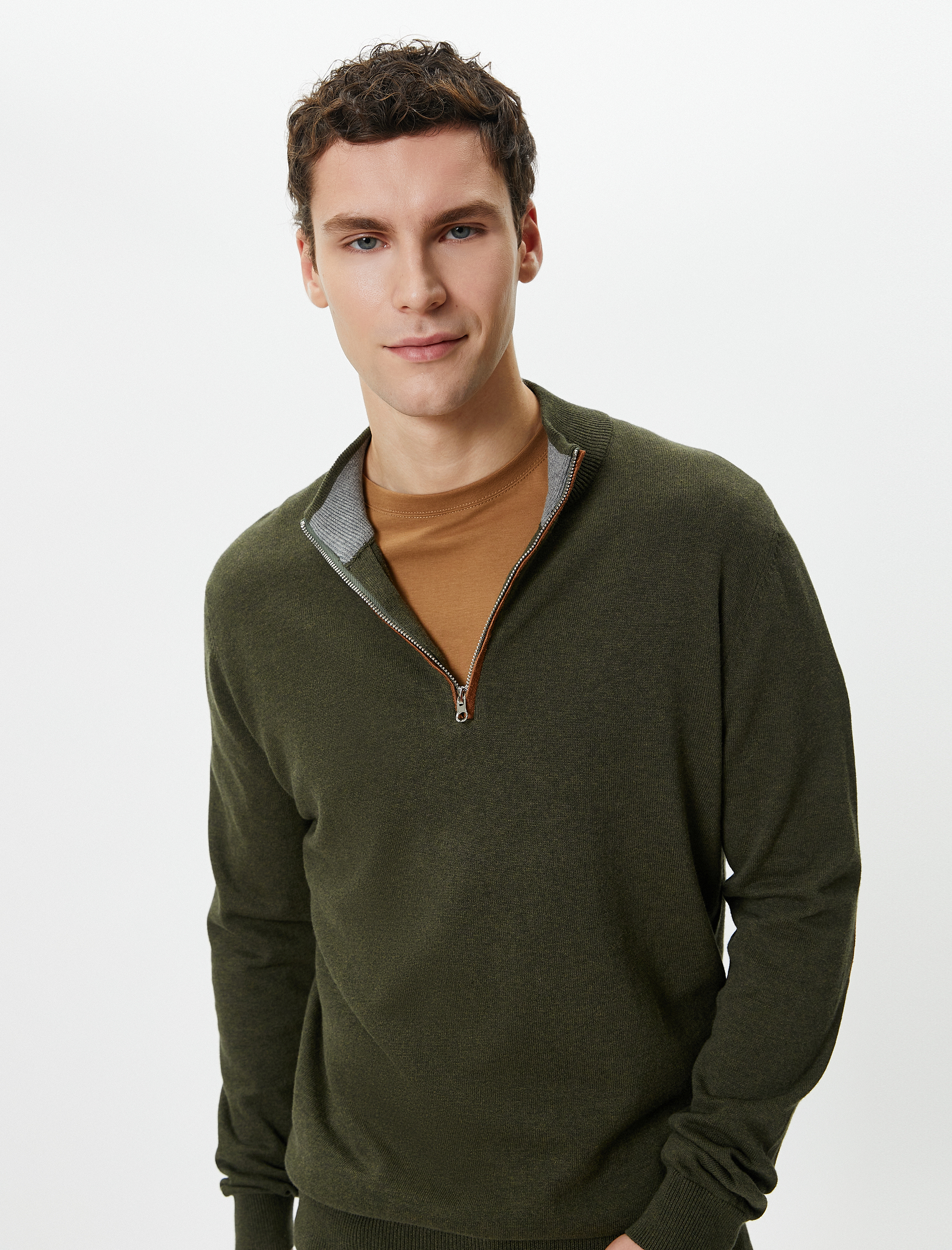   Yarım Fermuarlı Kazak Slim Fit Uzun Kollu Dirsek Detaylı