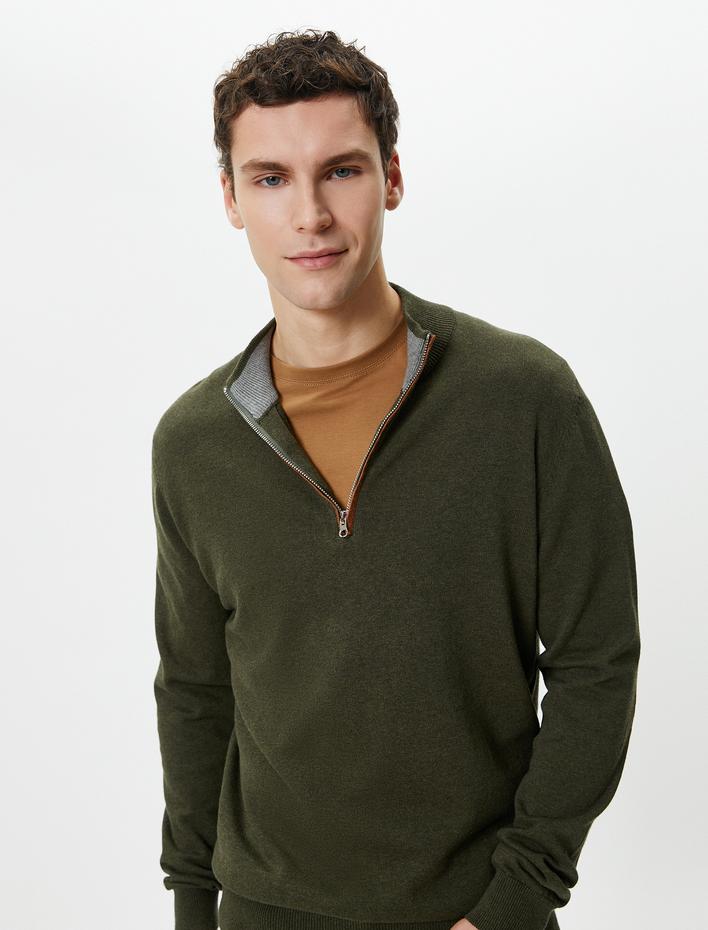  Yarım Fermuarlı Kazak Slim Fit Uzun Kollu Dirsek Detaylı