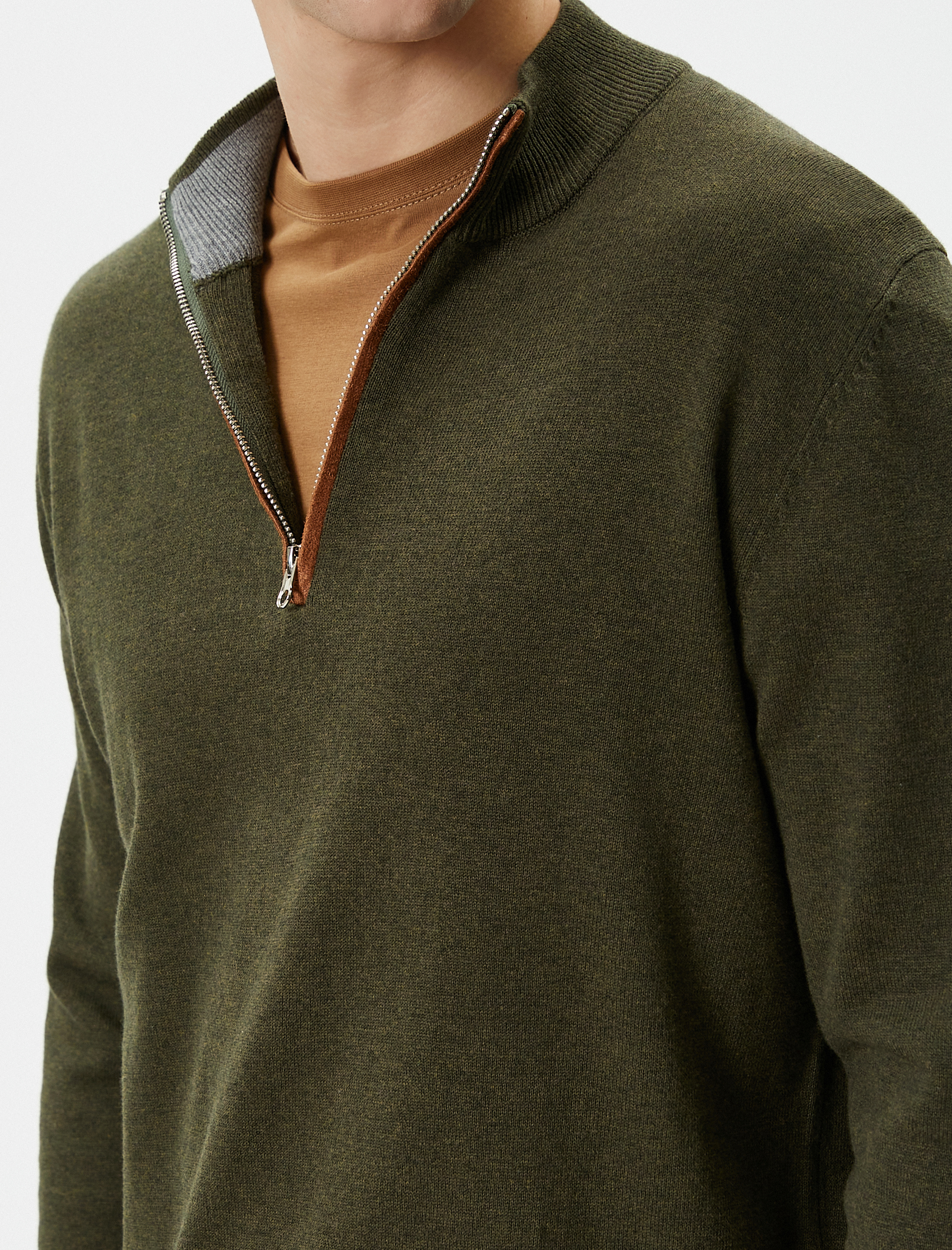   Yarım Fermuarlı Kazak Slim Fit Uzun Kollu Dirsek Detaylı