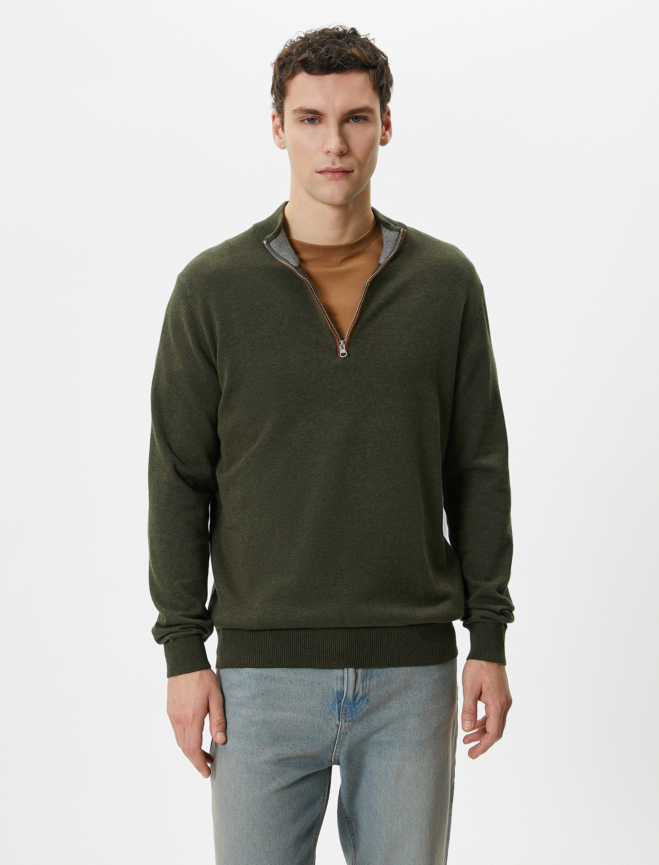   Yarım Fermuarlı Kazak Slim Fit Uzun Kollu Dirsek Detaylı