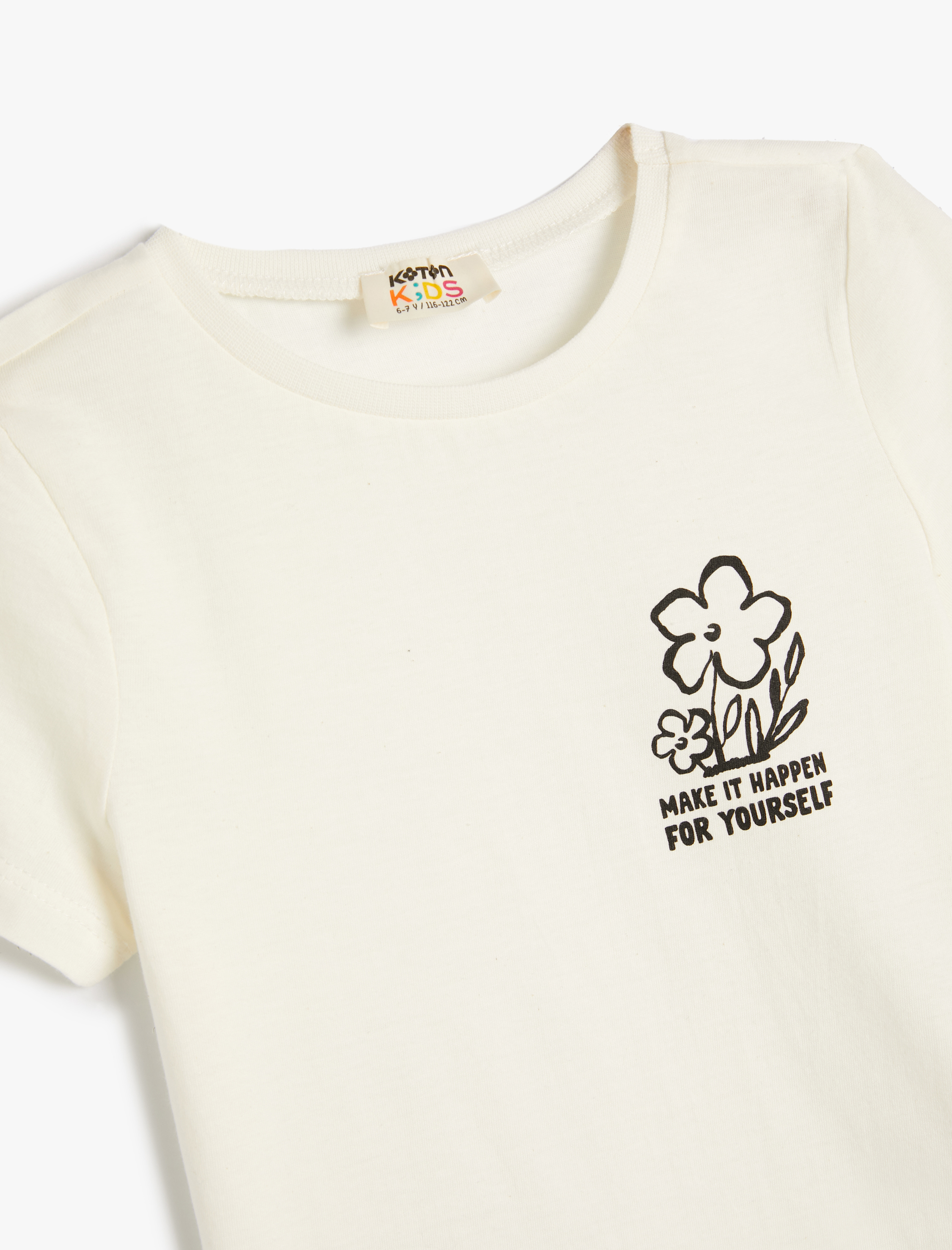  Kız Çocuk Tişört Çiçek Baskı Detaylı Kısa Kollu Bisiklet Yaka Pamuklu