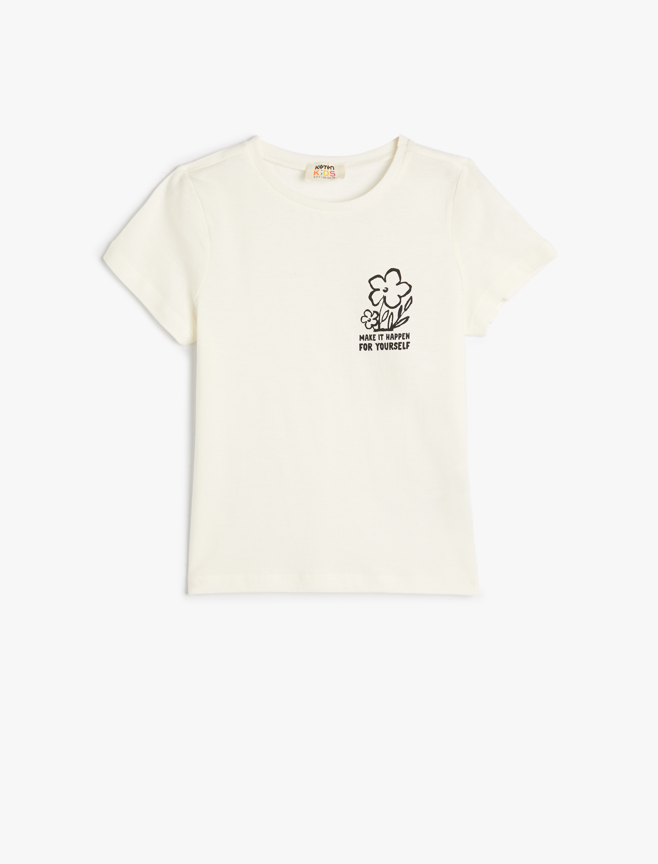  Kız Çocuk Tişört Çiçek Baskı Detaylı Kısa Kollu Bisiklet Yaka Pamuklu