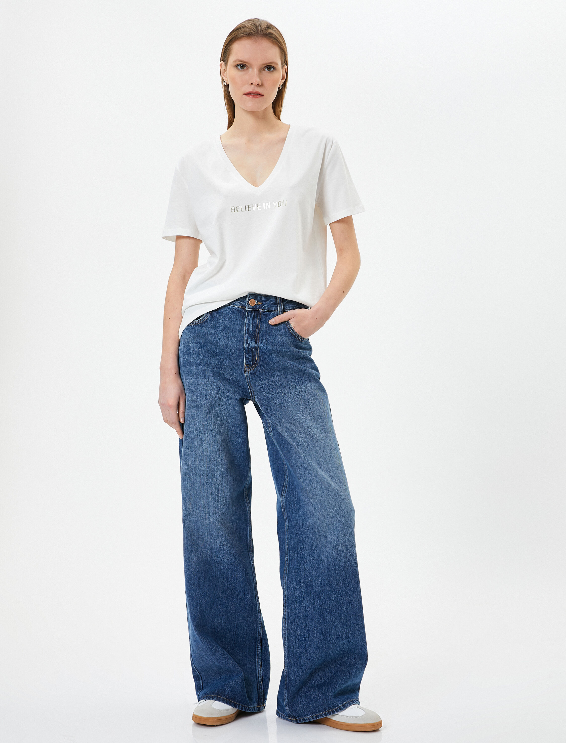   Baskılı Tişört Kısa Kollu V Yaka Pamuklu