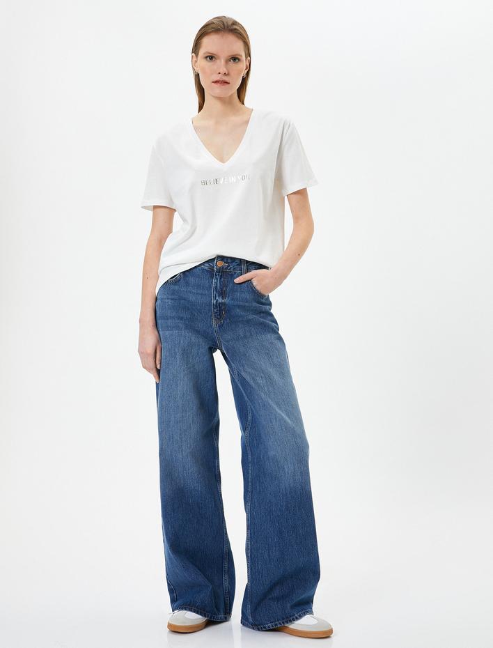  Baskılı Tişört Kısa Kollu V Yaka Pamuklu