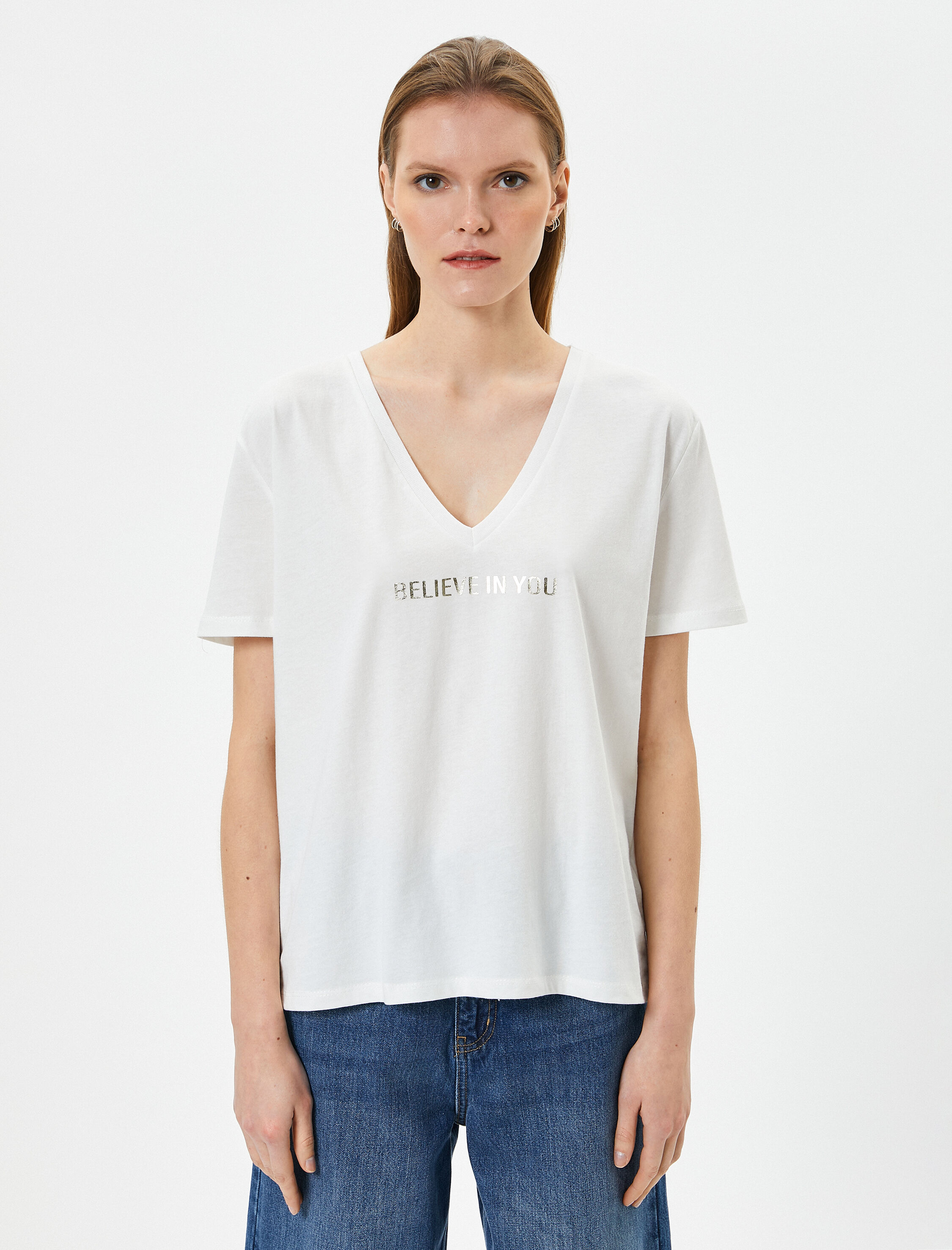   Baskılı Tişört Kısa Kollu V Yaka Pamuklu