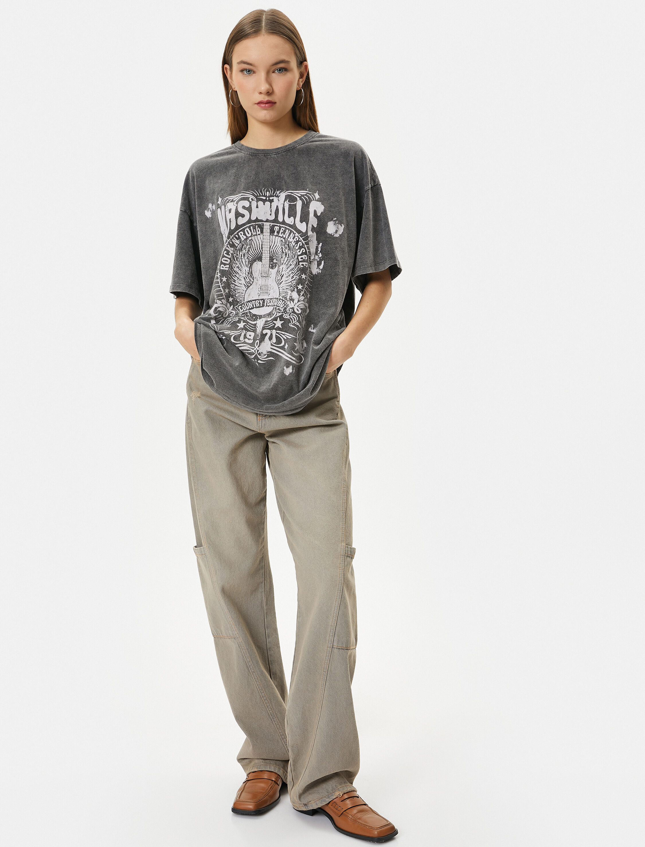   Rahat Kalıp Tişört Soluk Efektli Baskılı Kısa Kollu Bisiklet Yaka Pamuklu