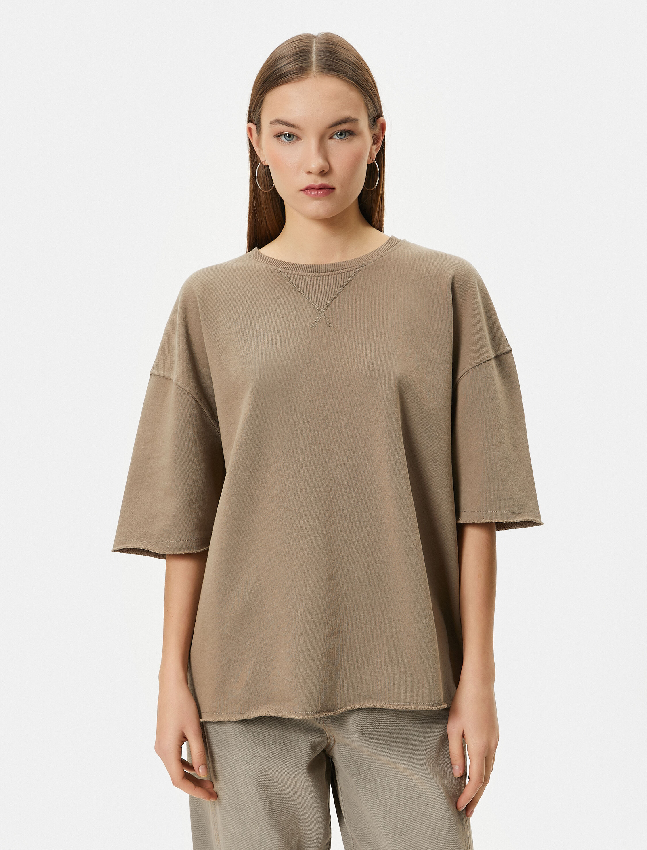   Oversize Tişört Kısa Kollu Bisiklet Yaka Pamuklu